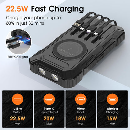 BLASOUL Solar Charger 49800mAh Power Bank - Wireless Portable Phone Charger with 4 Built-in Cable,22.5W Fast Charging Battery Pack USB C in/Output for All Cell Phone iPhone,Galaxy,Android,Etc(Black)
