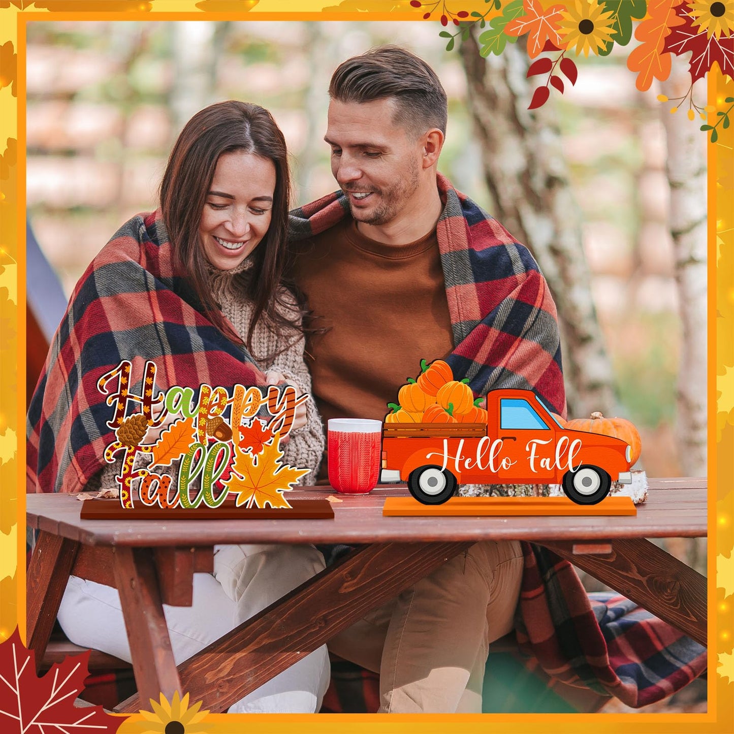 CroBlissful 6 Pcs Thanksgiving Decorations for Home Fall Table Centerpiece Hello Autumn Wooden Table Sign Pumpkin Gnome Truck Wood Tabletop Decor Harvest Party Decorations, 6 Styles