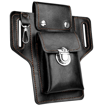 Leather Phone Holster for iPhone 17/16/15/14/13/12/their Pro & Pro Max, Belt Clip Cell Phone Case for Galaxy S25/S24/S23, Multitool Magnetic Closure Belt Pouch, Fits All Phones up to 7" (Ebony)