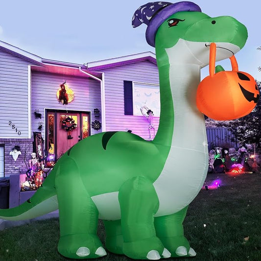10FT Halloween Inflatable Huge Dinosaur Decorations Outdoor, Blow Up Yard Decorations Built-in LED Lights,Halloween Party Decorations with Witch Hat and Pumpkin,for Garden/Lawn.