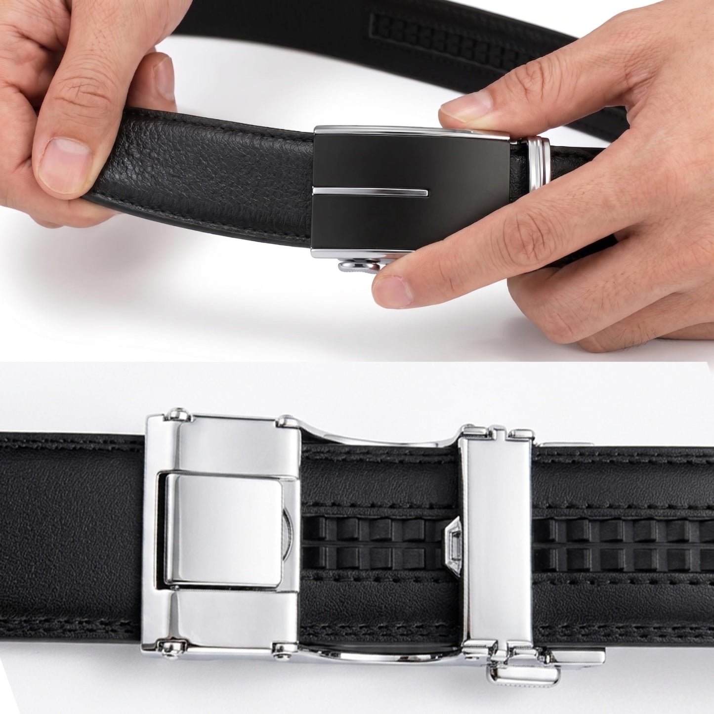 JINIU Mens Ratchet Belt Genuine Leather – Automatic Click Buckle Dress Belt with Minimalist Matte Black & Silver Design, Adjustable Trim to Fit Belt for Business, Work and Casual KT1 43"