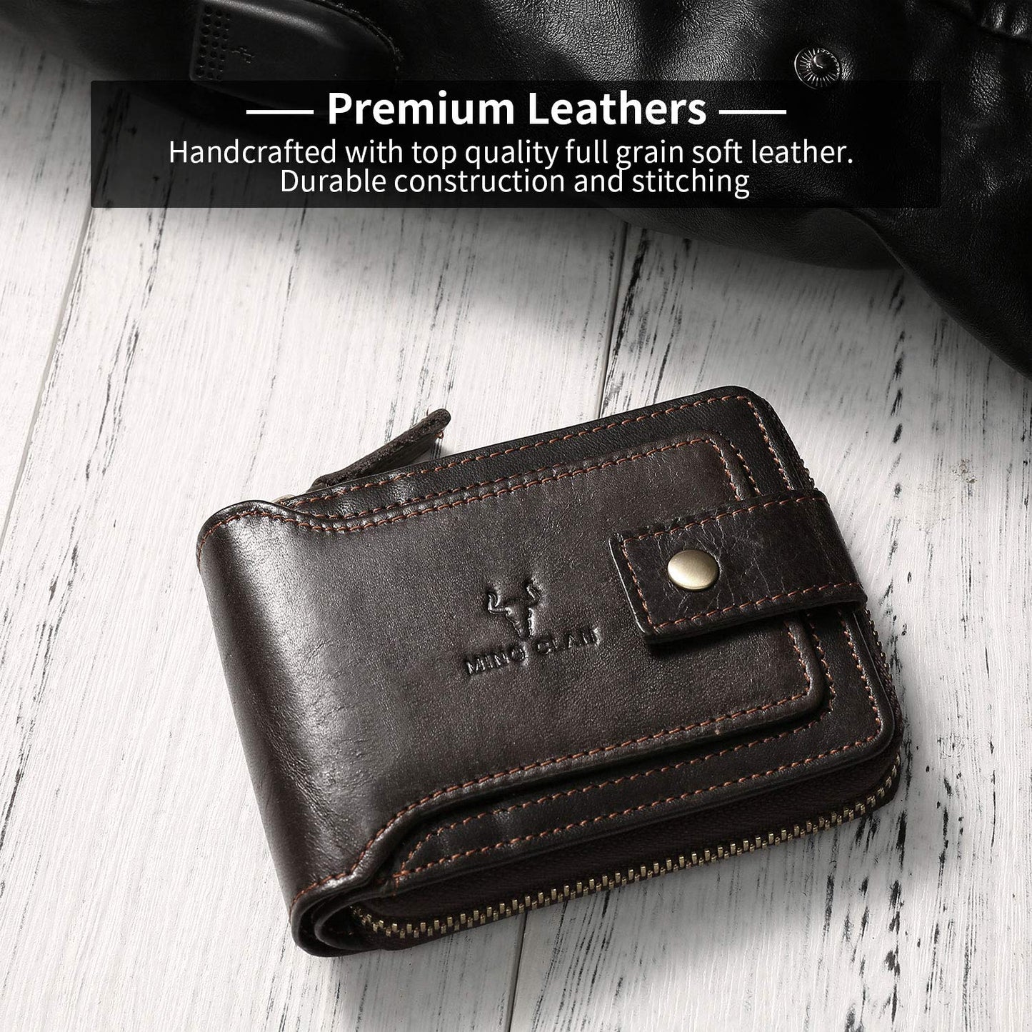 MING CLAN Leather RFID Blocking Bifold Wallet For Men With Zipper, Flap ID Window Zip Coin Pocket, Big Capacity Credit Card Holder For Travel