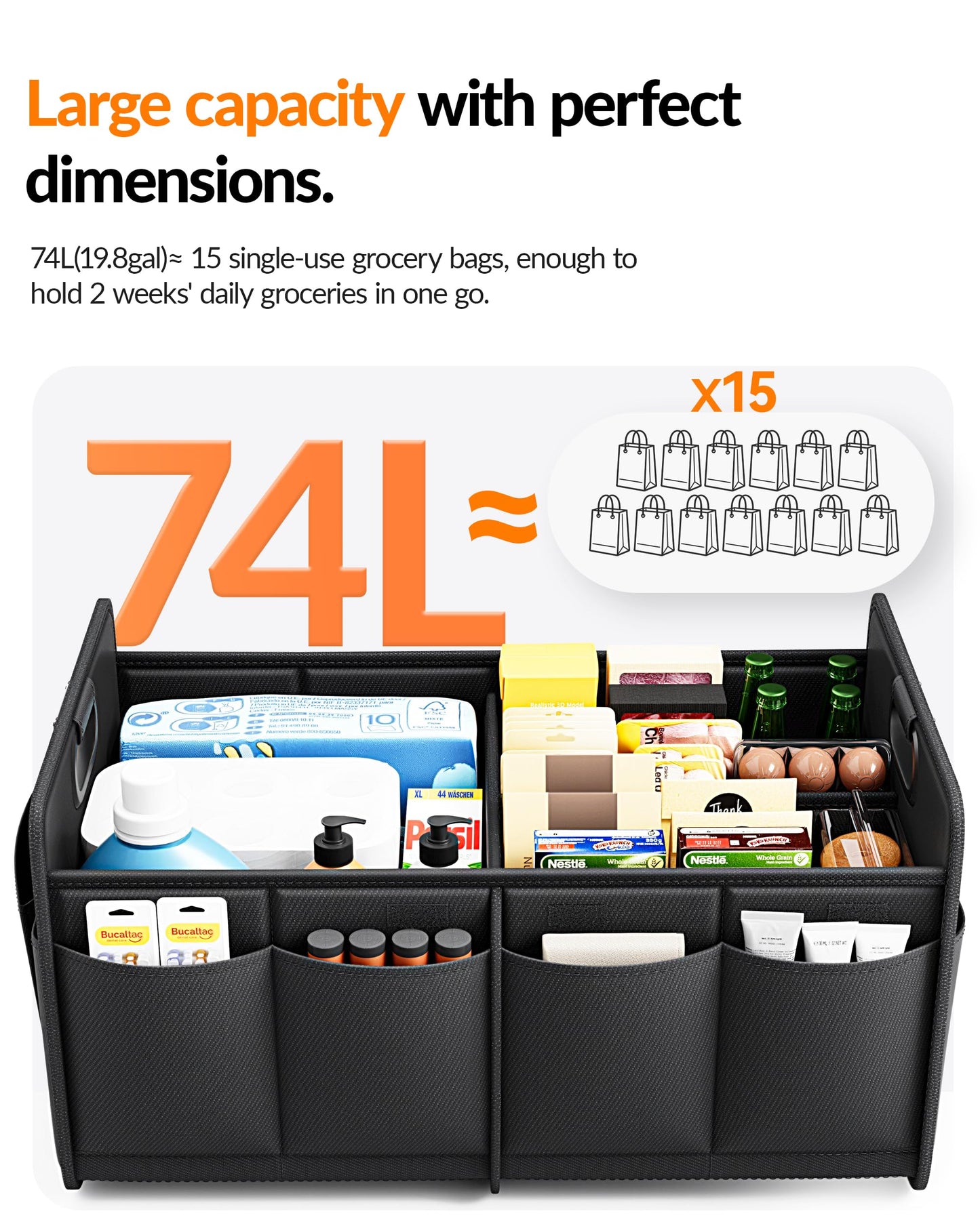 Homeve Trunk Organizer, Car Storage, Reinforced Handles, Collapsible Multi-Compartment, Foldable, Waterproof, Sturdy, 600D Oxford Polyester For Car, SUV, Mini-Van, Black, 2 Compart