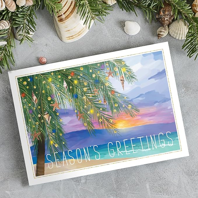 Canopy Street Masterpiece Tropical Sunset Cards / 16 Coastal Holiday Card Set With White Envelopes / 5 5/8" x 7 7/8" Warm Weather Palm Tree Vacation Greeting Cards With Meaningful Inside Verse
