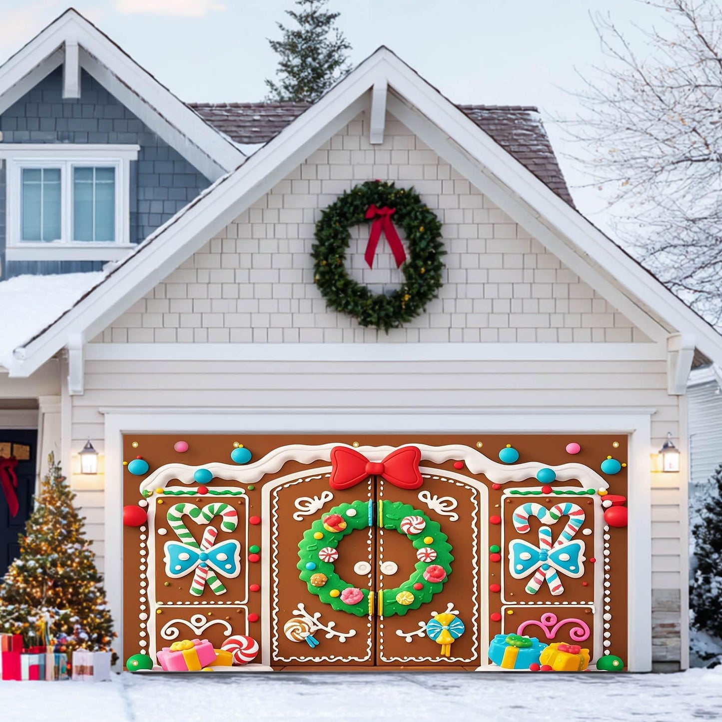 HOMETITUTE Christmas Garage Door Banner 13x6ft Gingerbread House Double Door Cover Candy Cane Backdrop Holiday Party Scene Winter Indoor Outdoor Sweet Wall Hanging Festive Gift Box Season