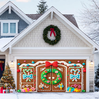 HOMETITUTE Christmas Garage Door Banner 13x6ft Gingerbread House Double Door Cover Candy Cane Backdrop Holiday Party Scene Winter Indoor Outdoor Sweet Wall Hanging Festive Gift Box Season