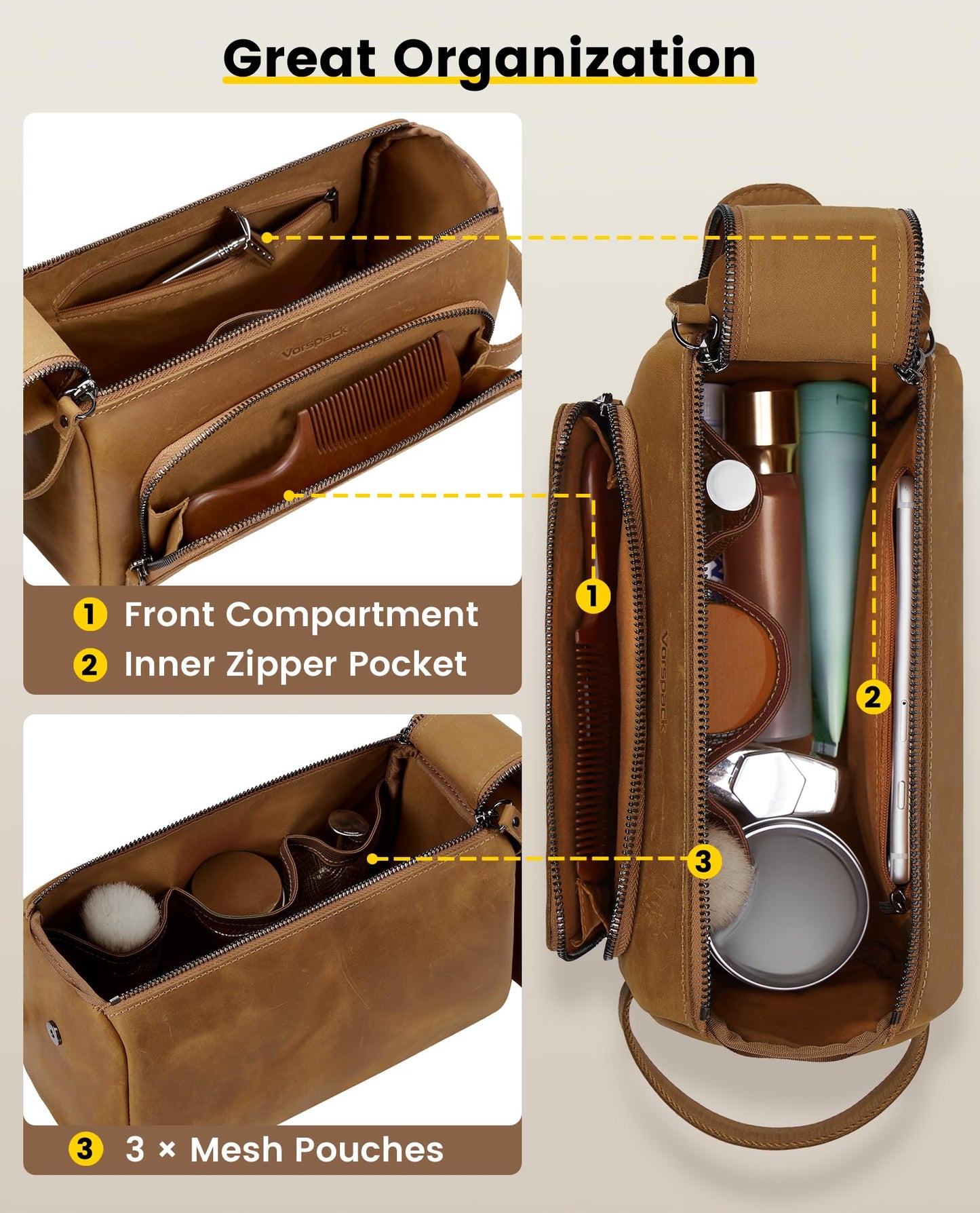 Vorspack Genuine Leather Toiletry Bag for Men - Water Resistant Travel Bag for Toiletries, Essentials, Accessories - Light Brown