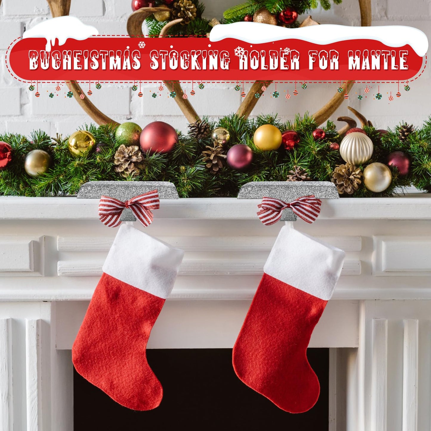 Huwena 6 Pcs Metal Christmas Stocking Holders Shiny Mantle Heavy Duty Stocking Hangers Glitter Hanging Hooks Christmas Ornaments for Fireplace, Silver