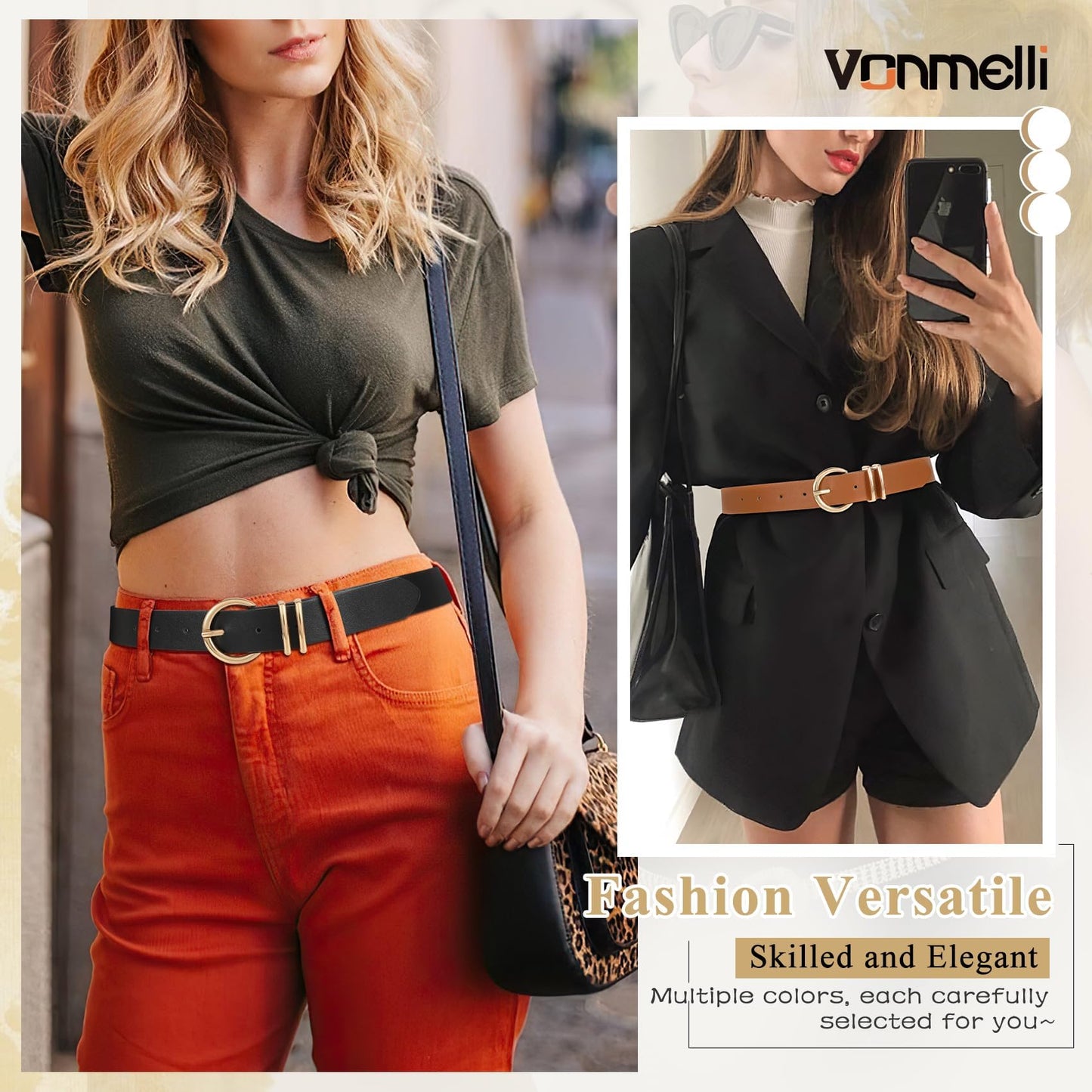 VONMELLI 2 Pack Women's Leather Belts for Jeans Pants Fashion Gold Buckle Ladies Belt Black Brown L