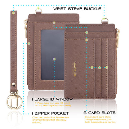 Women Slim Rfid Blocking Credit Card Case Holder Wristlet Zip ID Case Wallet Small Compact Leather Wallet Coin Purse with Keychain (Camel)
