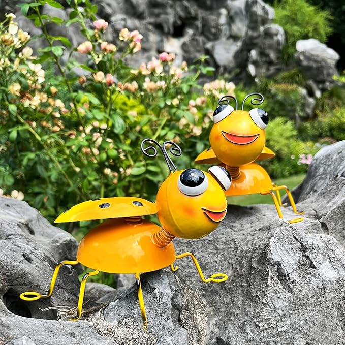 Metal Yard Art Garden Decor for Outside Cute Yellow Ladybugs Lawn Patio Ornaments Backyard Decorations Garden Gifts for Mom - Set of 2