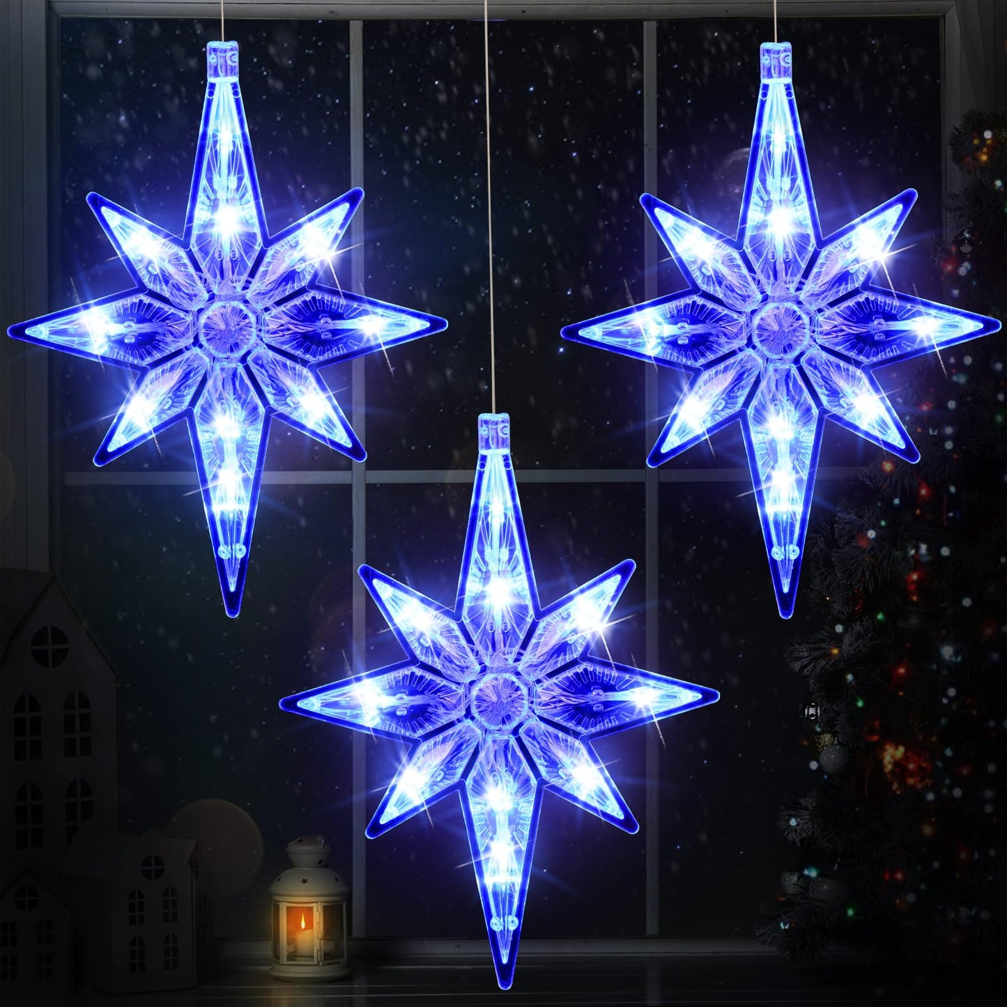 VIHOSE 3 Pcs 10.6 Inch Bethlehem Christmas Window Lights Plastic LED Lighted Christmas Window Silhouette Lights Large Hanging Xmas Tree Ornaments (Blue)