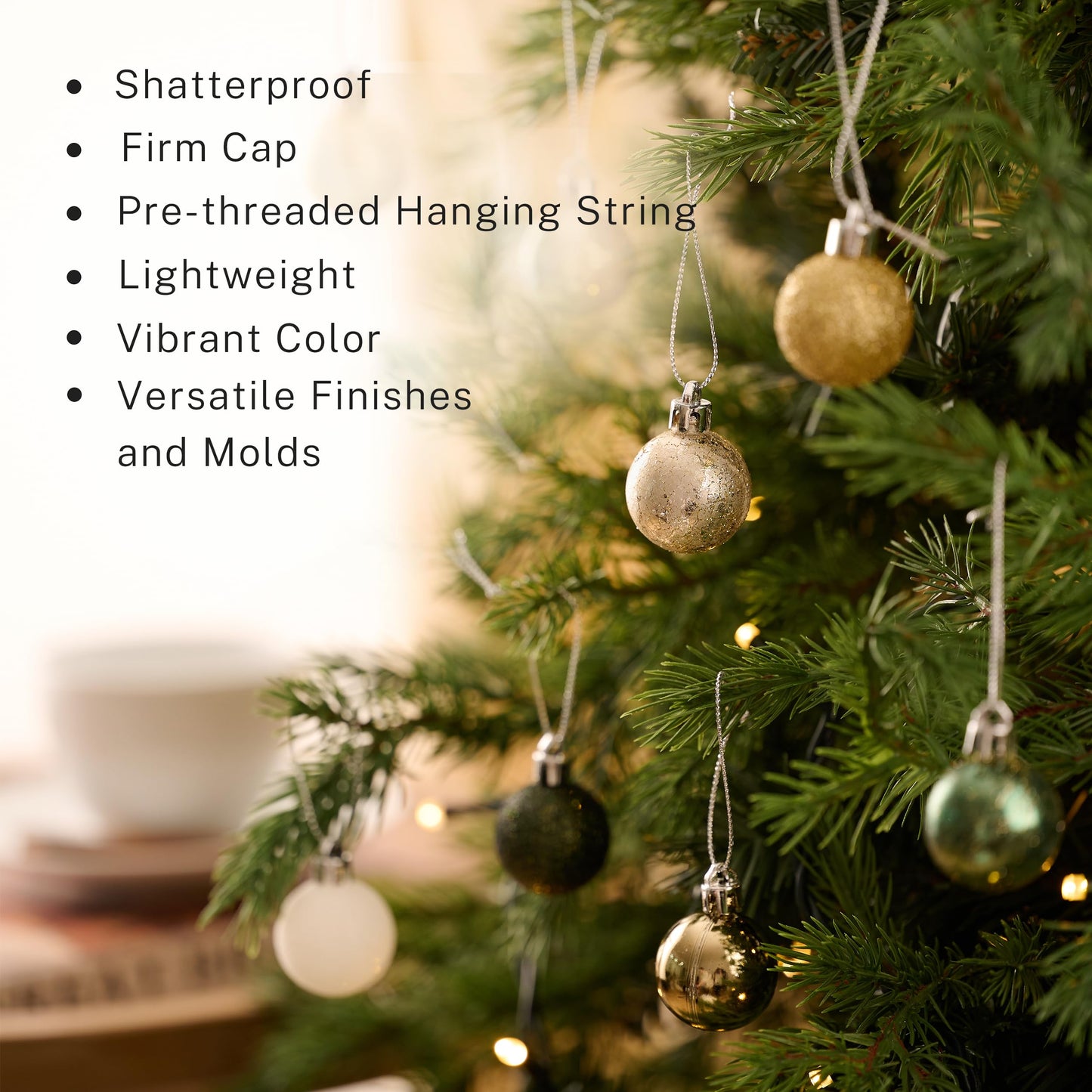 DecorbyHannah Mini Christmas Ornaments Tree Decorations, 49ct 1.18inches Emerald Green Gold Small Tree Ornaments, Shatterproof Plastic Ball Set for Holiday Xmas Decor