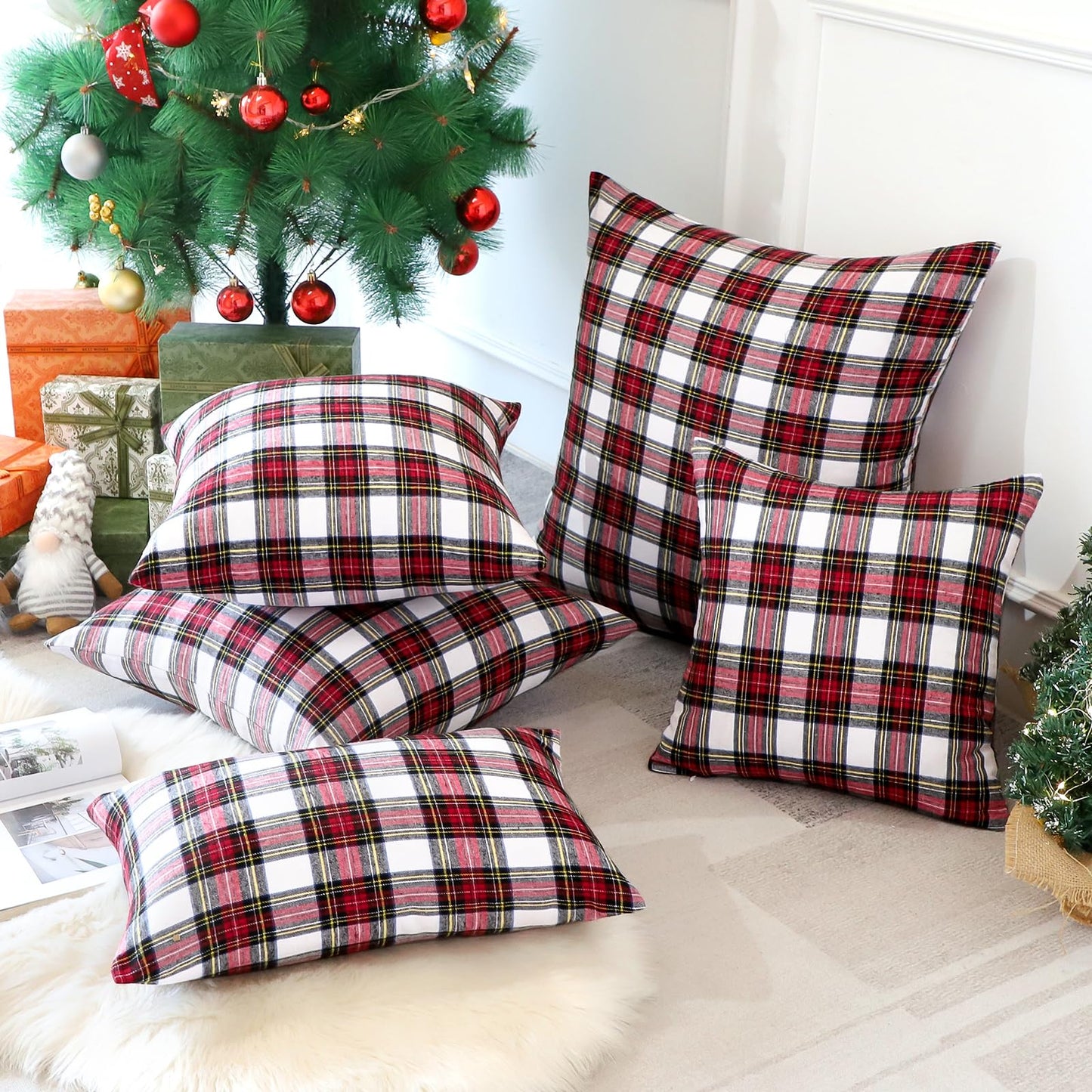 OTOSTAR Christmas Scottish Tartan Plaid Throw Pillow Covers Farmhouse Classic Decorative Square Cushion Cases Soft Pillowcases for Decor Sofa Couch 20x20 Inch Set of 2 (Red White)