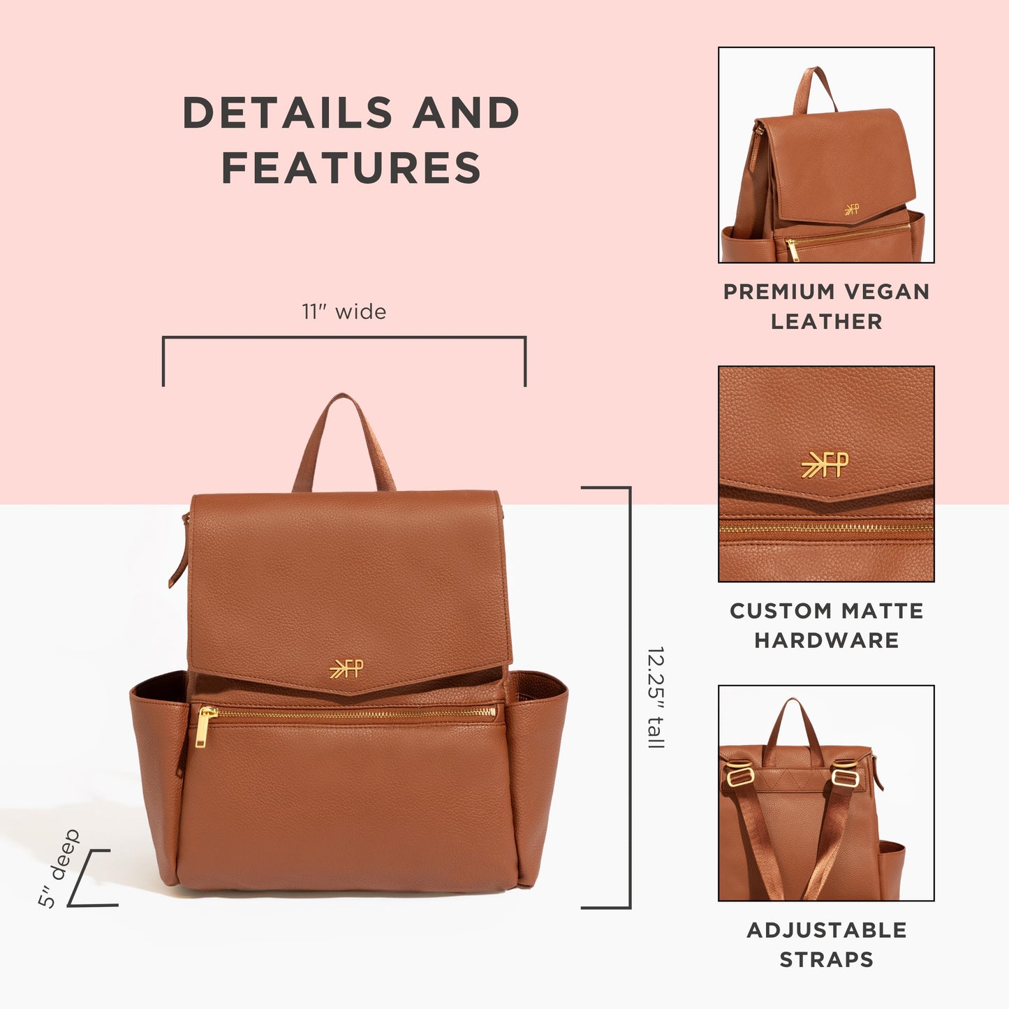 Freshly Picked Mini Diaper Bag II Backpack – Premium Vegan Leather Small Baby Bag with Changing Pad, Compact, Lightweight & Stylish for Moms On-the-Go, Cognac