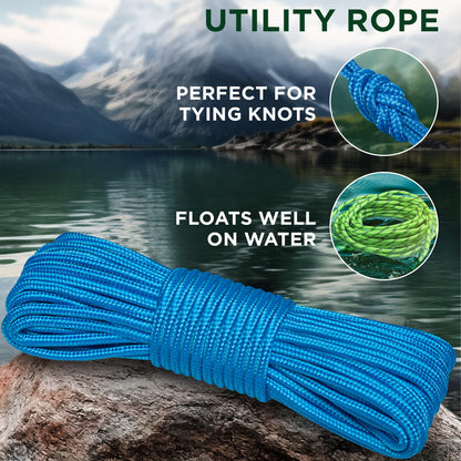 TECEUM Rope – 90 Feet x 1/4 Inch (7mm) – Sky Blue – Strong All-Purpose Utility Rope – Camping, Crafting, Flag Pole, Indoor & Outdoor – Polypropylene Nylon Poly Lightweight Diamond Braided Cord