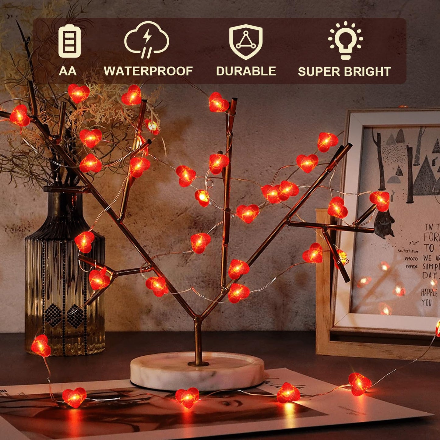 Aogist 2-Pack 50LED Valentine's Day Fairy Lights -16ft Super Bright 3D Red Heart String Light Battery Operated Mather's Day Gift Decor for Indoor/Outdoor Party Home Yard Tree Decor