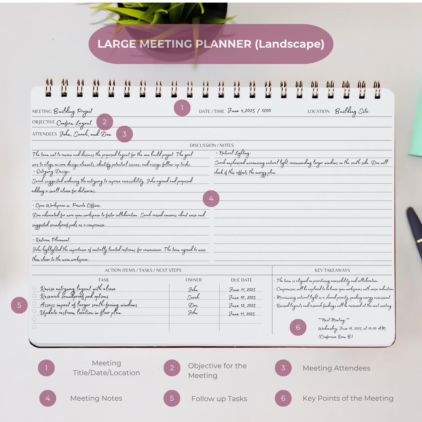 Merely Home | Meeting Notebook for Work | 8.25" x 11.75" | Project Planner | Simple Design | Multiple Layouts | Office and Business Planner (Evergreen, Meeting Planner - Landscape)