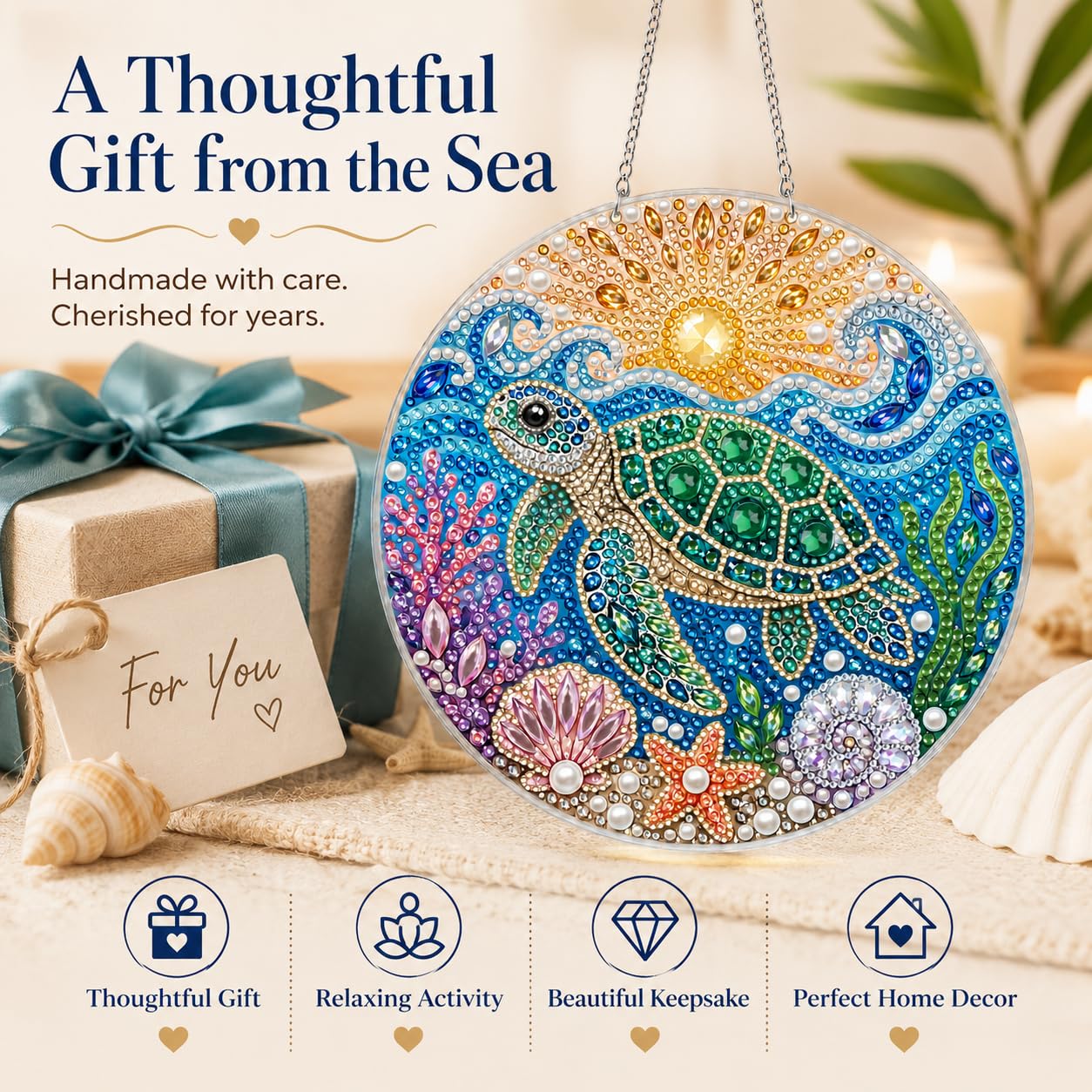 DIY Diamond Art Painting Wreath Kits，Special Shaped Rhinestone Hanging Ornament Diamond Art Window Pendants for Gift Home Garden Wall Hanging Kits,Double Sided (sea Turtle)