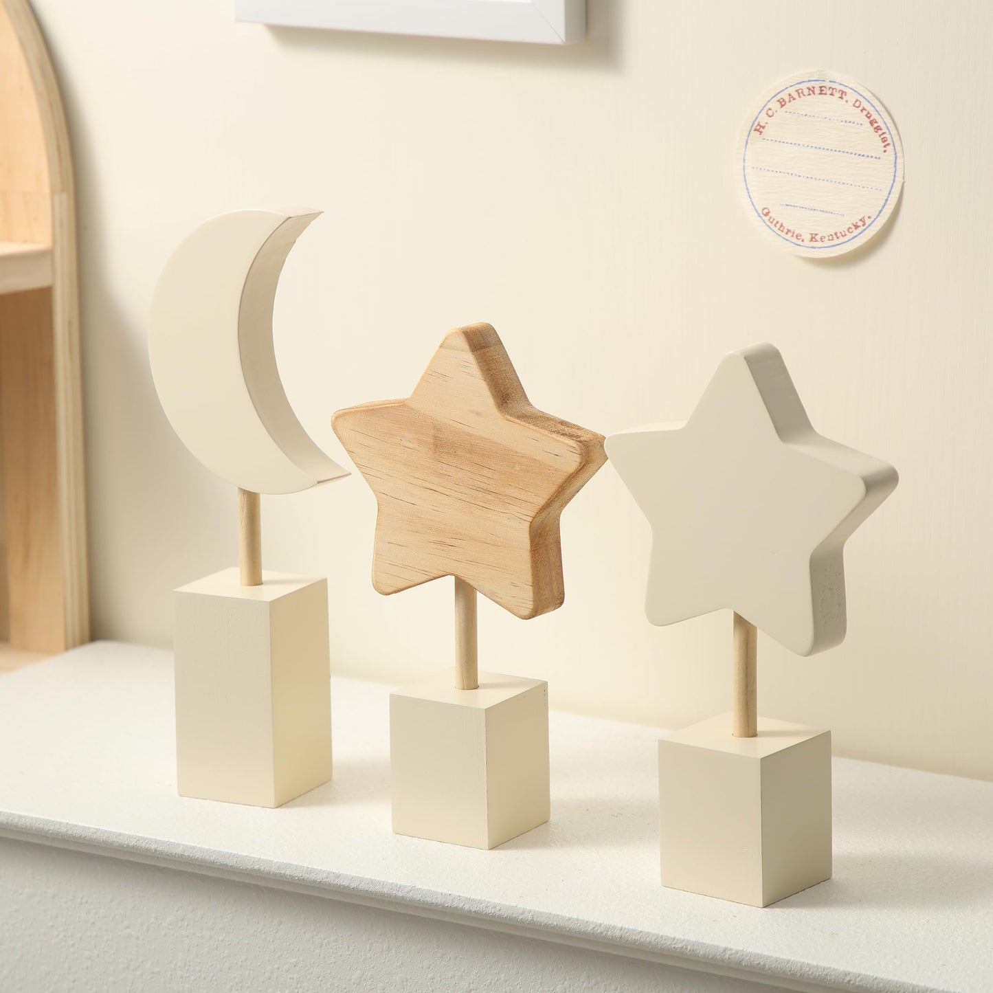 Barydat 3 Pcs Boho Nursery Shelf Decor Wooden Moon and Star Nursery Decor Set Cute Bohemian Children Kids Decoration for Boys Girls Farmhouse Bedroom Kindergarten Classroom Playroom Bookshelf