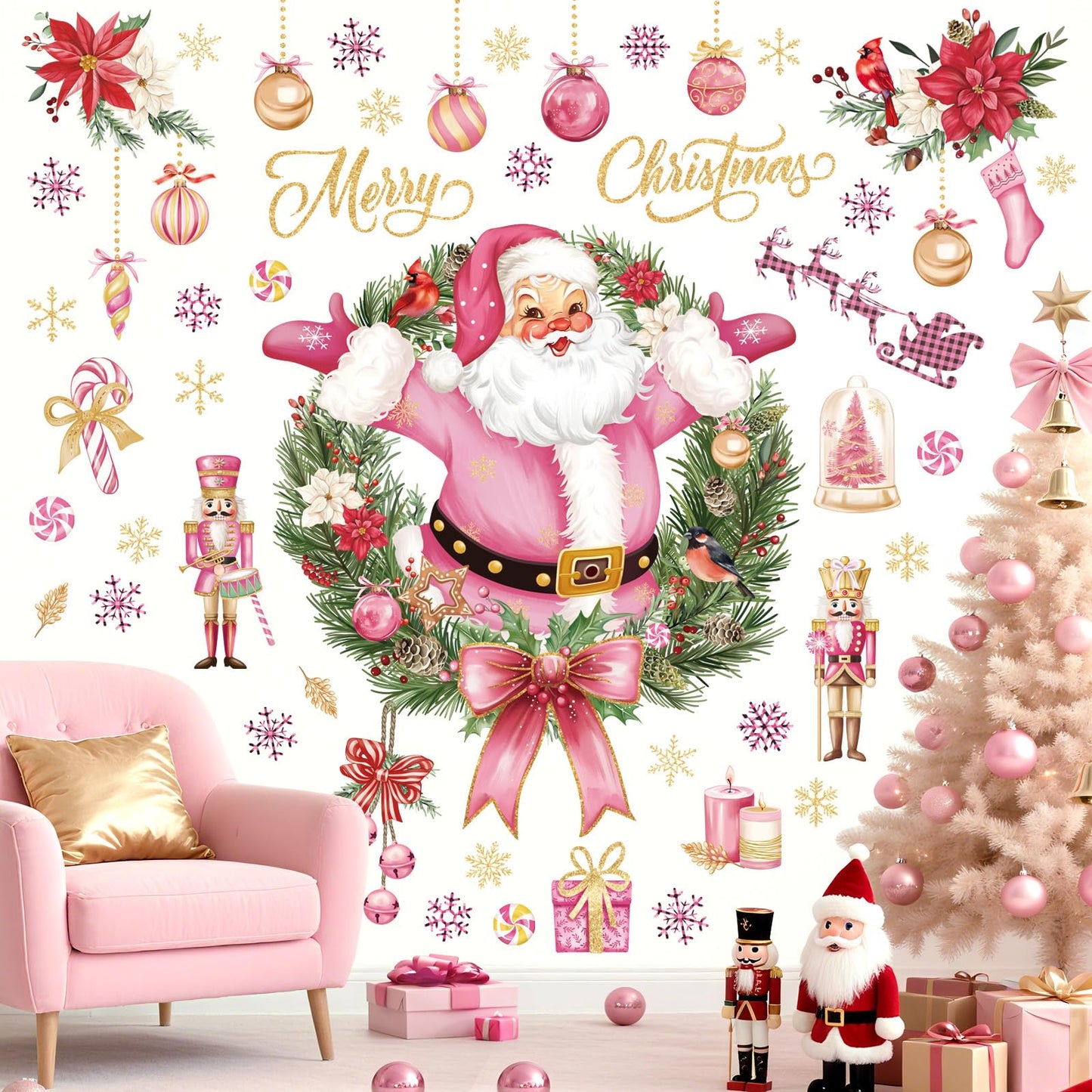 wondever Pink Christmas Santa Claus Wall Stickers Christmas Wreath Xmas Ball Snowflakes Peel and Stick Wall Art Decals for Window Home Party