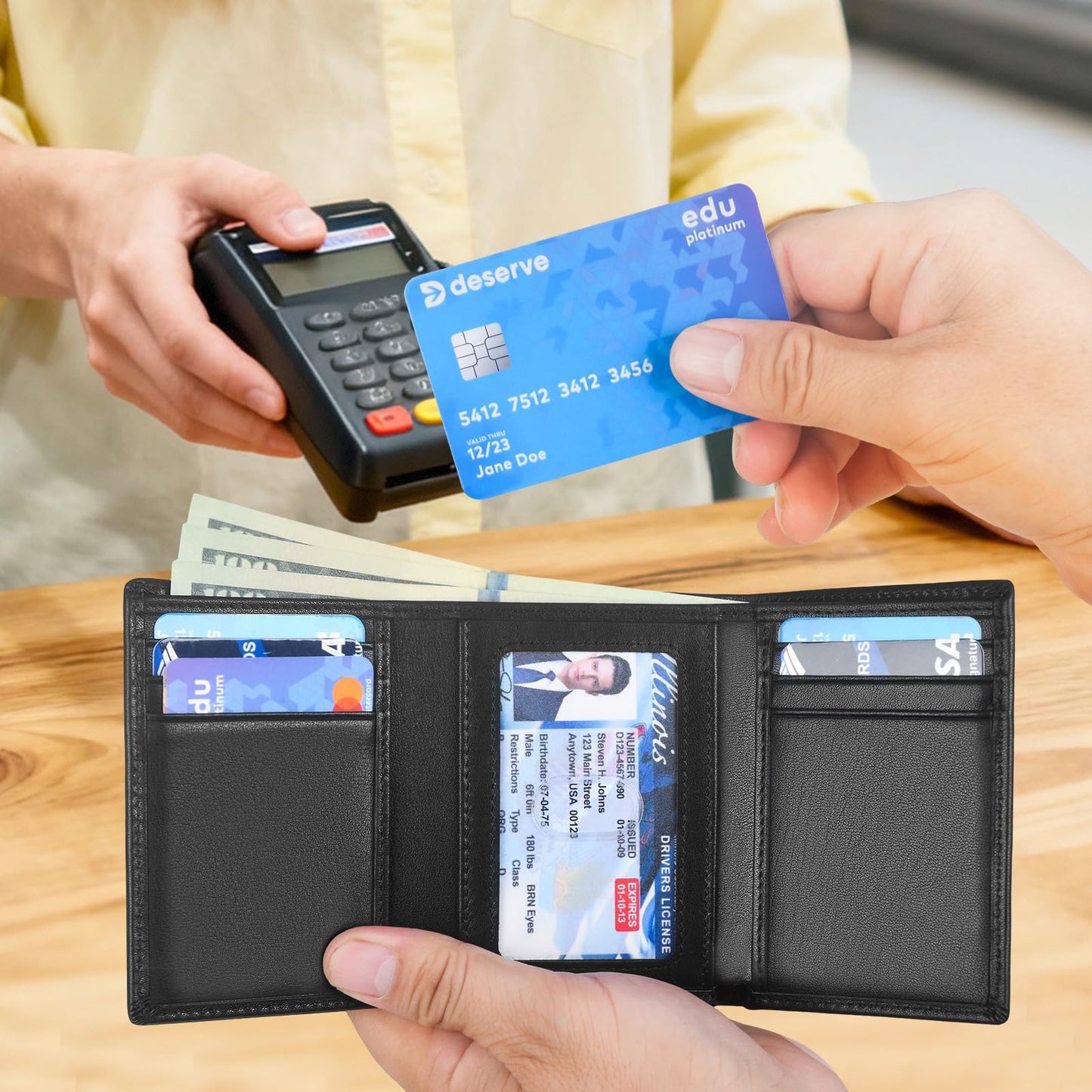 BSMUWOT Genuine Leather Trifold Wallet for Men, Rfid Blocking Tri fold Mens Wallets with ID Window (Black)