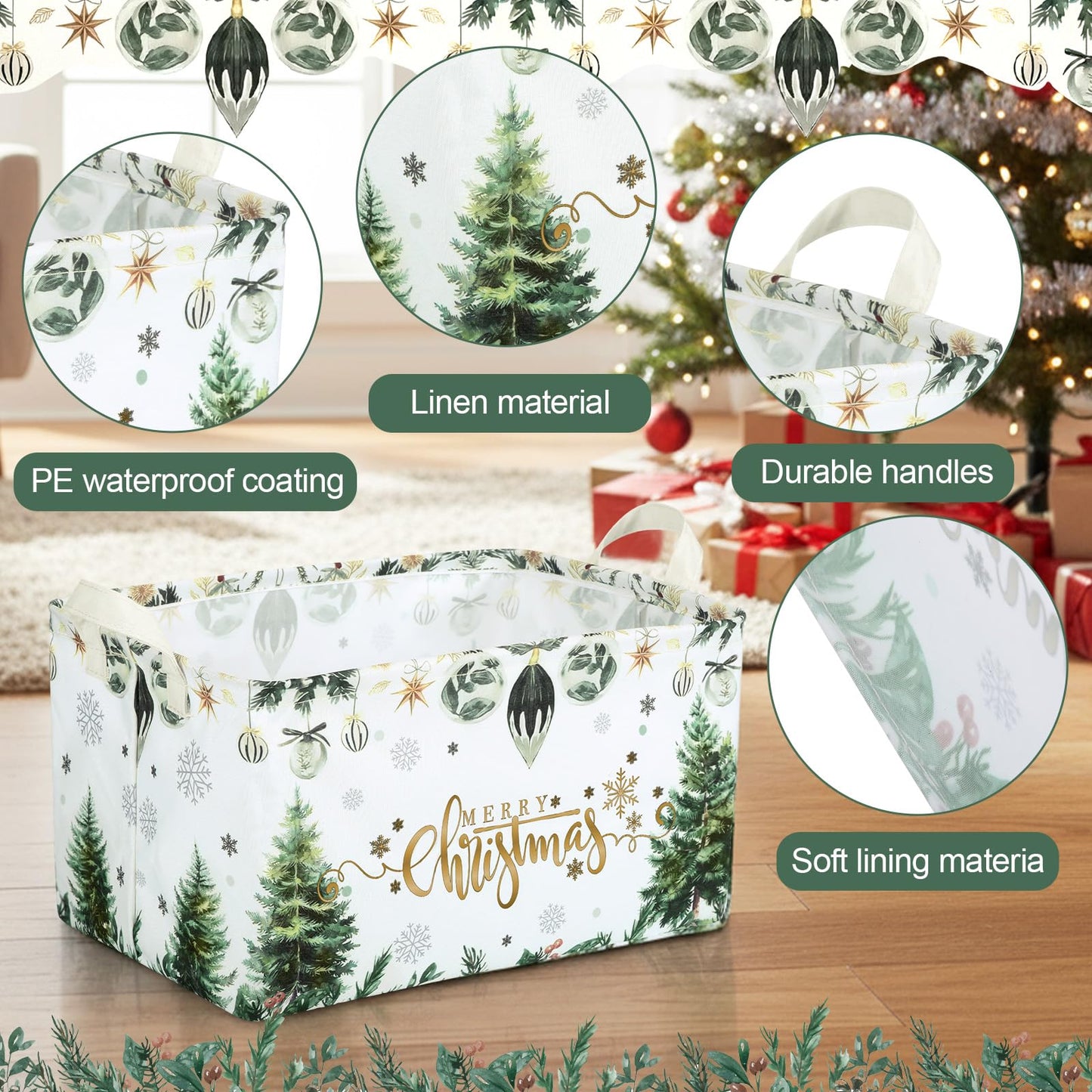 Threehoney 3Pcs Large Merry Christmas Tree Gift Storage Baskets Xmas Ball Collapsible Storage Bin Empty Candy Decor Canvas Laundry Basket Foldable Box with Handle for Home Office(Green,Classic Style)