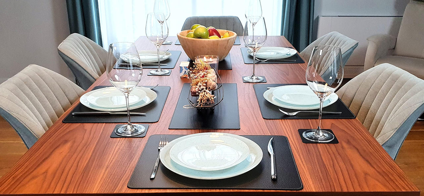 Nikalaz Set of Black Placemats and Coasters, 4 Table Mats and 4 Coasters, Recycled Leather, 18'' x 13''
