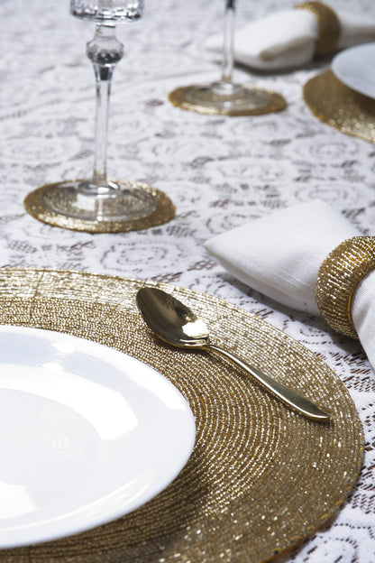 Penguin Home Handcrafted Glass Beaded Round Placemats, Coasters & Napkin Rings Set of 18 - Handmade Table Place Mats for Dining - 32 cm (13") Diameter (Gold)