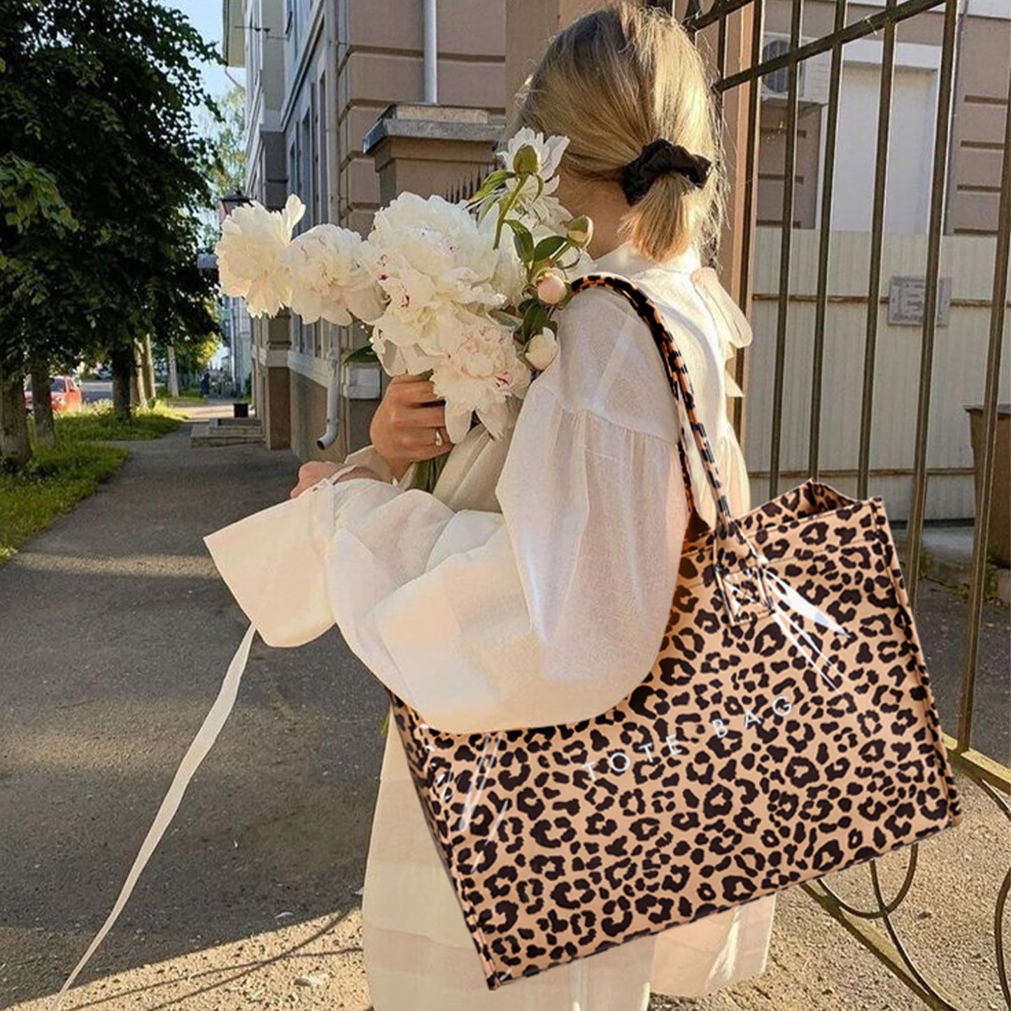 KALIDI PVC Tote Bag Women’s Kraft Paper Work Handbags Purses with Top Handle,Leopard