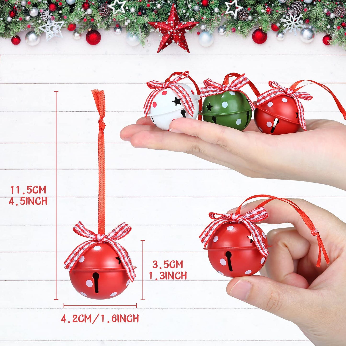 Naler 24 Pieces Christmas Jingle Bells with Ribbon Metal Cutout Craft Bells Hanging Ornaments for Christmas Tree Xmas Decoration, Red Green White, 1.57”