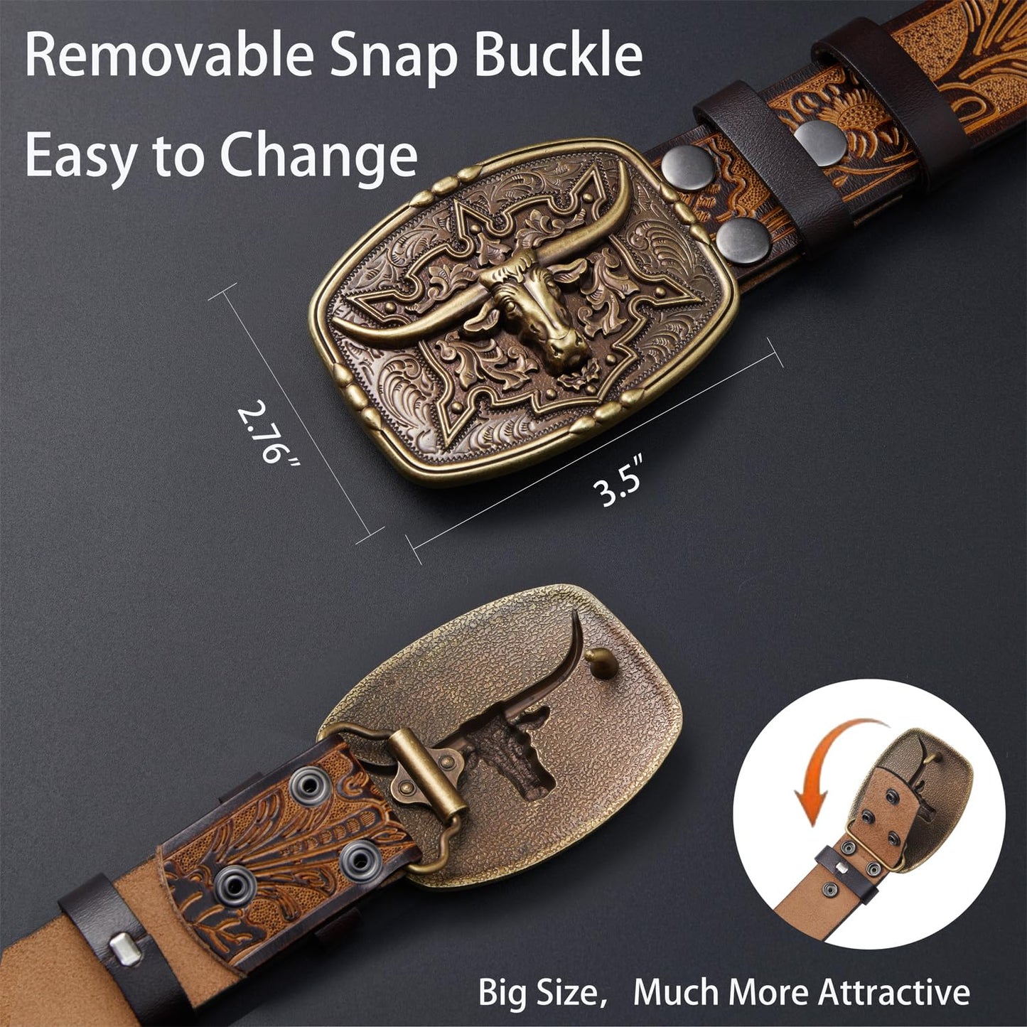 JIMJOY Men's Western Leather Belt Cowboy Belts for Men Big Engraved Buckle Belts