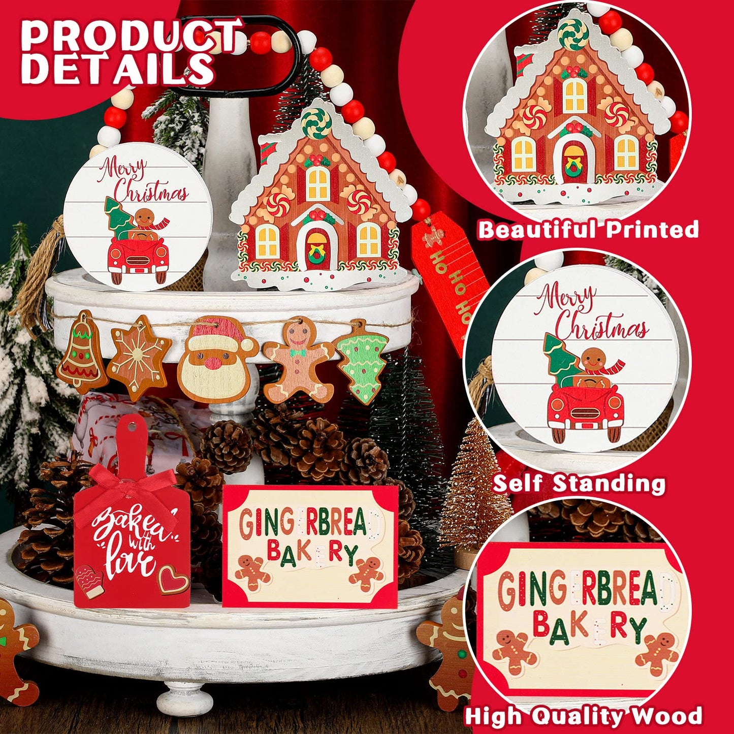 Bucherry 12 Pieces Christmas Gingerbread Tiered Tray Decor, Gingerbread House Xmas Tree Wooden 3D Signs, Winter Rustic Wood Farmhouse Tabletop Decorations for Home Table Shelf Centerpiece