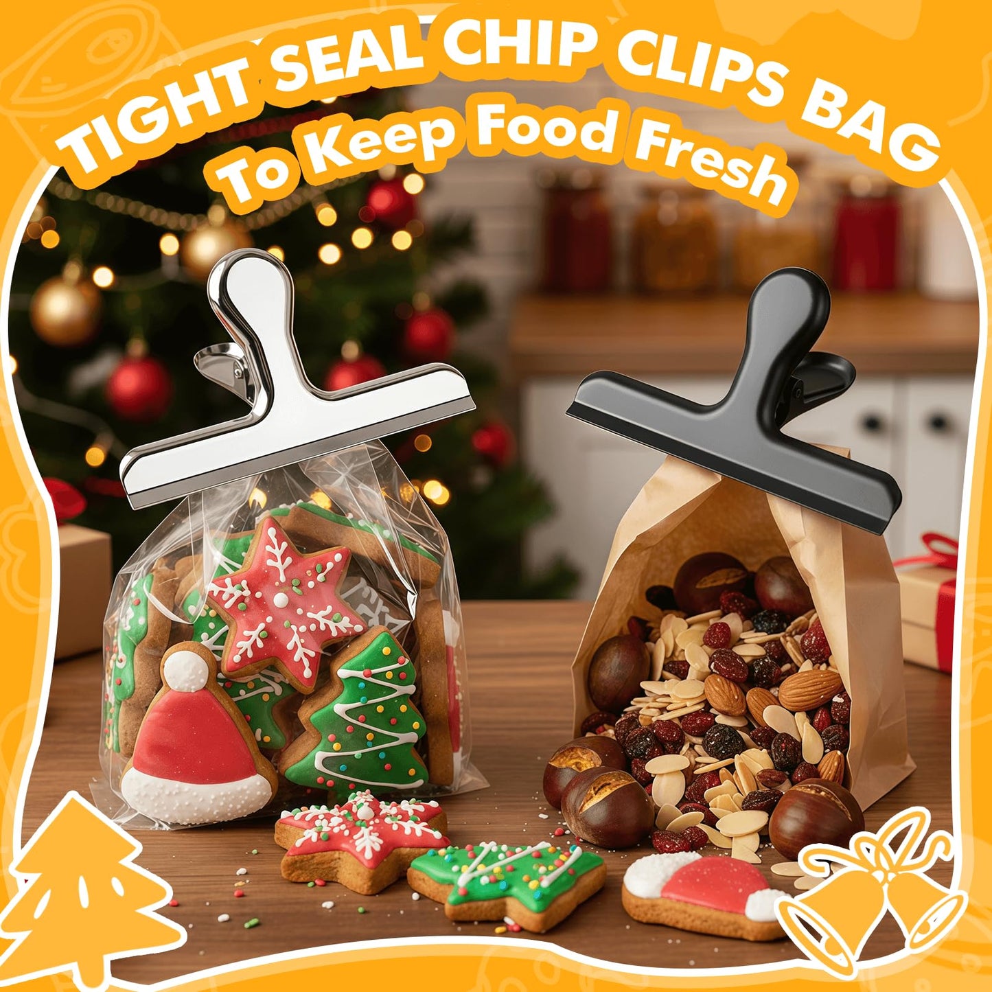 Chip Clips, 12Pcs Sliver Metal Bag Clips for Food Packages, Snack Chip Clip for Bags, Kitchen Snack Bag Clip for Food Packages and Office Home, 3 Inches