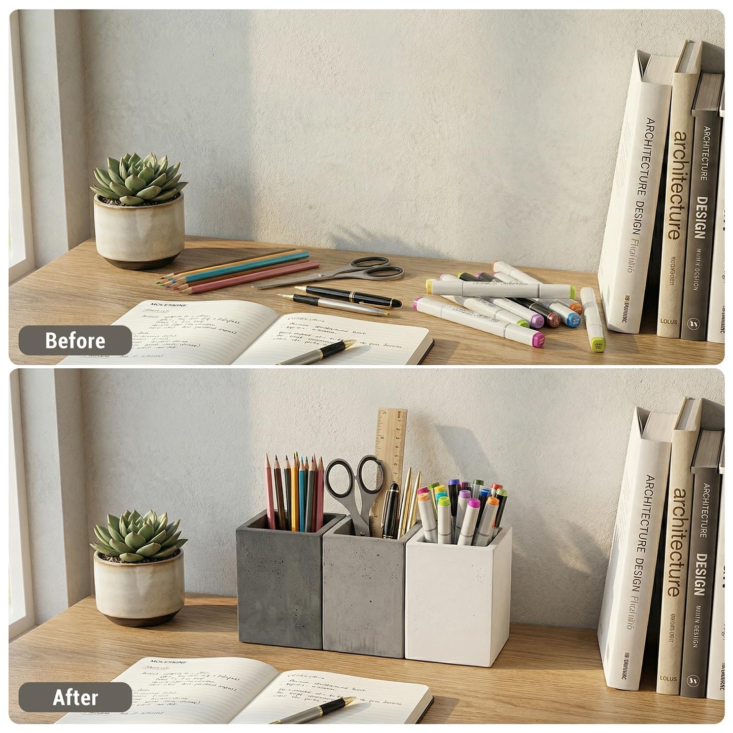MyGift Pen Holder Pencil Holder For Desk,Pen Cup Holder For Desk,Concrete Desktop Pencil Cup,Modern Gray-Tone,Set of 3