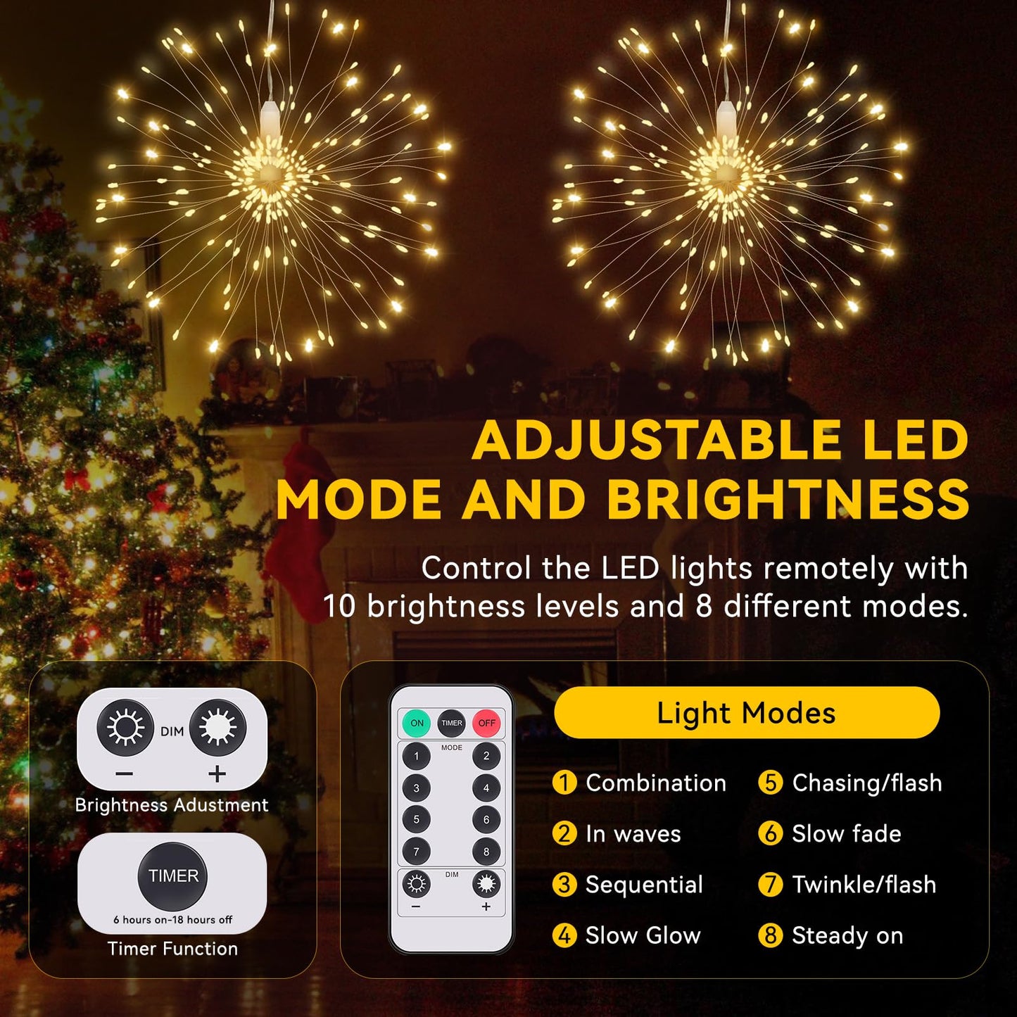 8 Pack Copper Wire Firework Lights, 120 LED String Lights with Remote Control - 8 Modes, Waterproof for Party, Home, Christmas, Garden & Outdoor Decoration