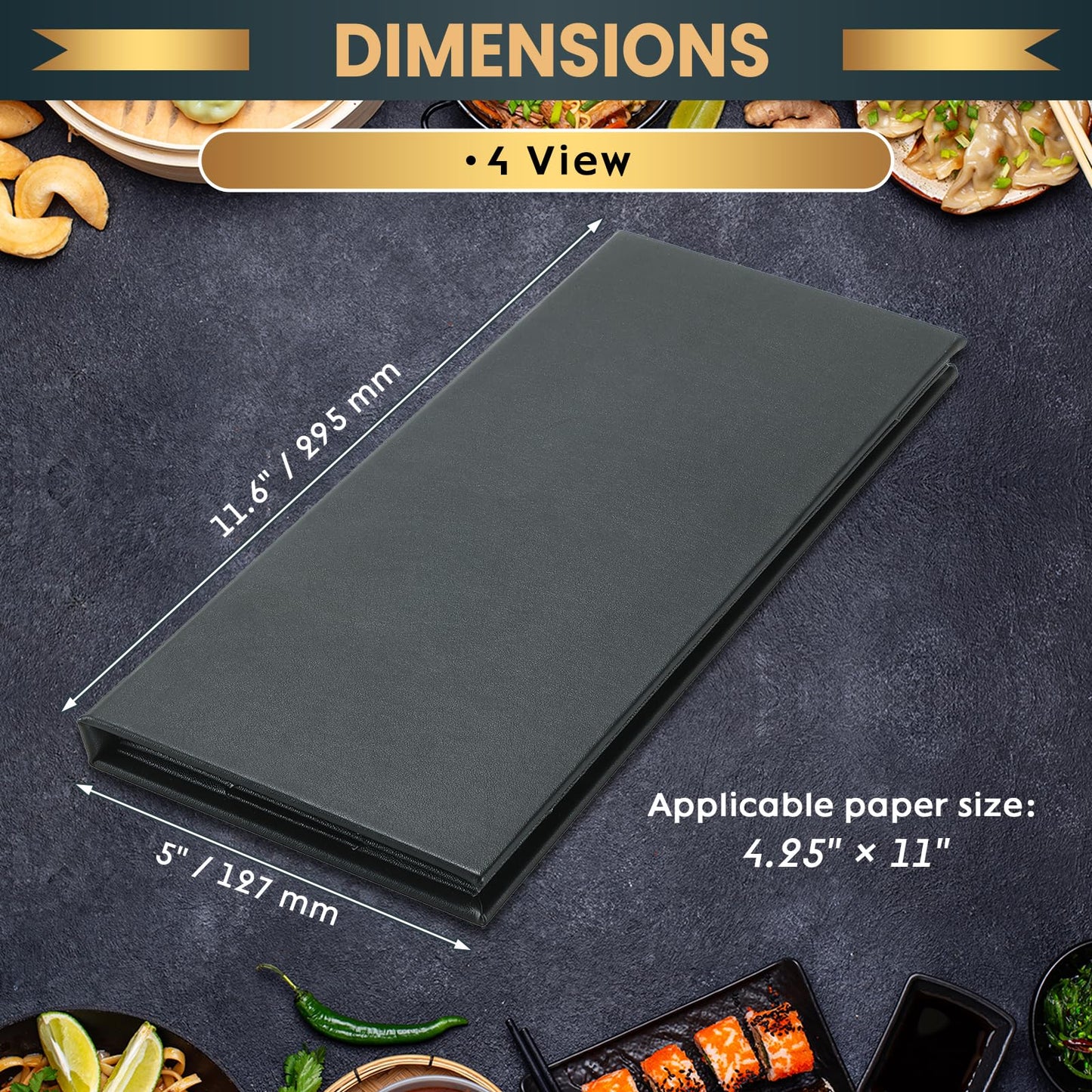 AMGSH 12 Pack 4 View Menu Holder Menu Covers 4.25" x 11" | Black Leather Menu Sleeves Book Style for Restaurant Coffee Bars Wine List