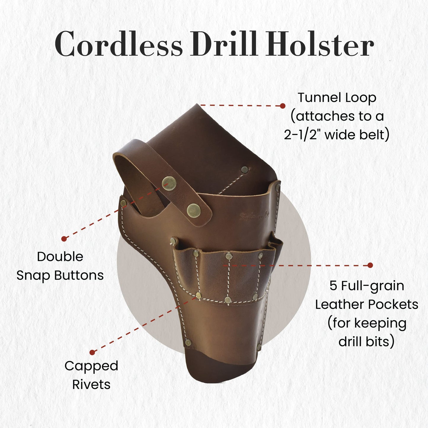 Style N Craft Cordless Drill Holster, Full-Grain Leather Drill Holder, Drill Holster with Full-Grain Leather Pockets for Drill Bits, Compatible with Most T-handle Drills, Dark Tan (98000)
