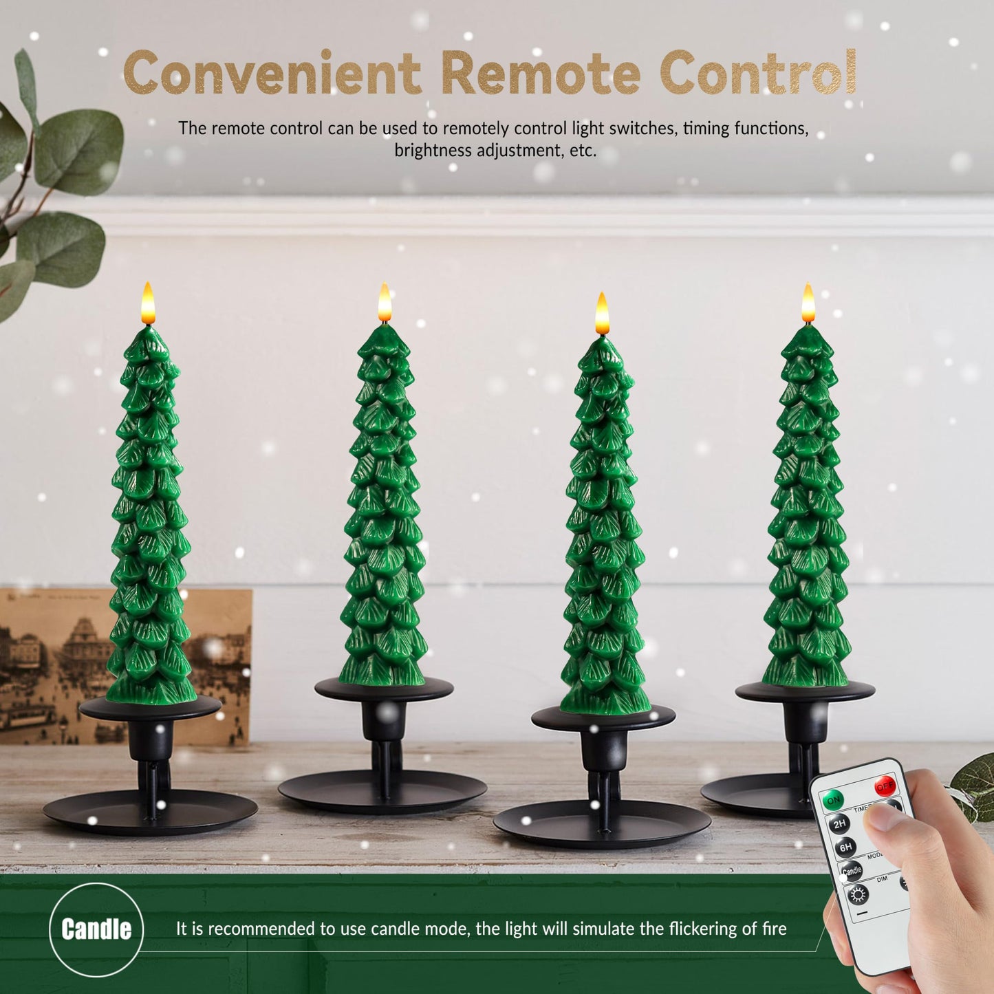 Sttokilly 4Pcs Christmas Tree Flameless Candles with Remote and Timer,LED Candles Battery Operated,Real Wax Window Candlesticks with Flickering 3D Flame for Christmas Decoration