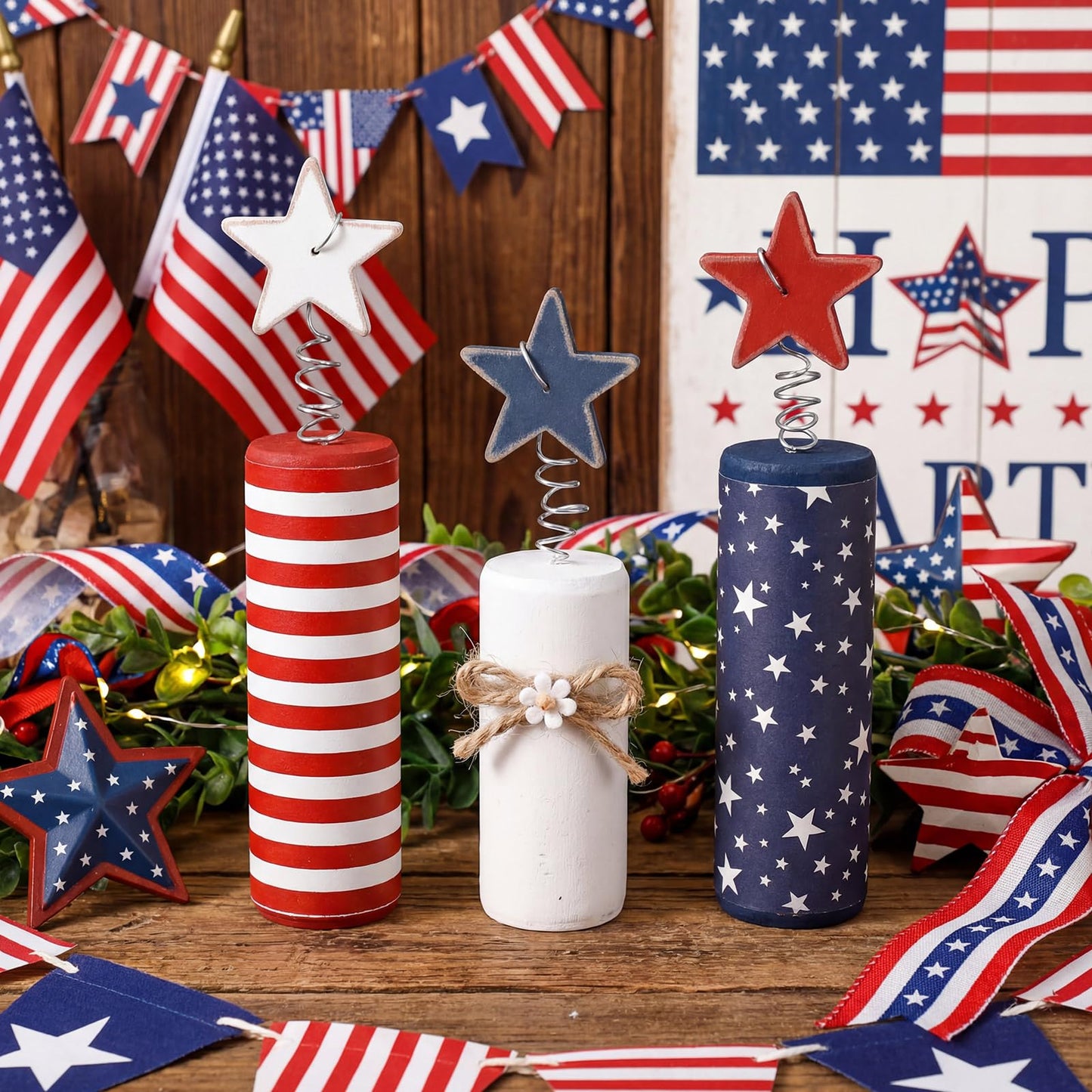 Qunclay 3 Pcs 4th of July Table Decor Firework Tiered Tray Decor Patriotic Memorial Day Table Centerpieces Red White Blue Wood Stars 250th Anniversary Rustic Farmhouse Decoration for Independence Day