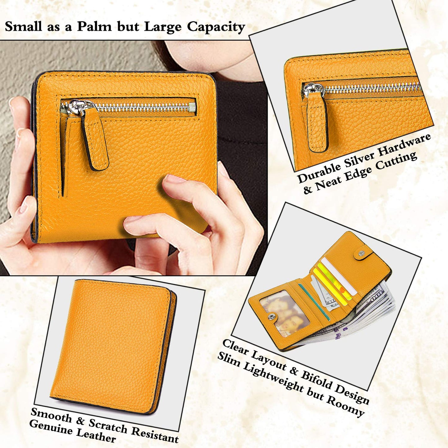AINIMOER Small Leather Wallet for Women, Ladies Credit Card Holder RFID Blocking Women's Mini Bifold Pocket Purse, Yellow