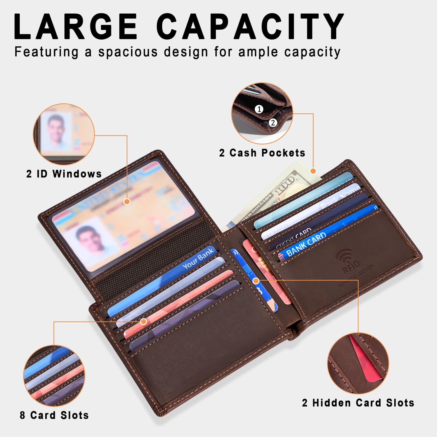 Travelambo Genuine Leather Wallet for Men with Gift Box - Handmade Bifold Stylish - Mens Wallets Rfid Blocking with 2 ID Windows