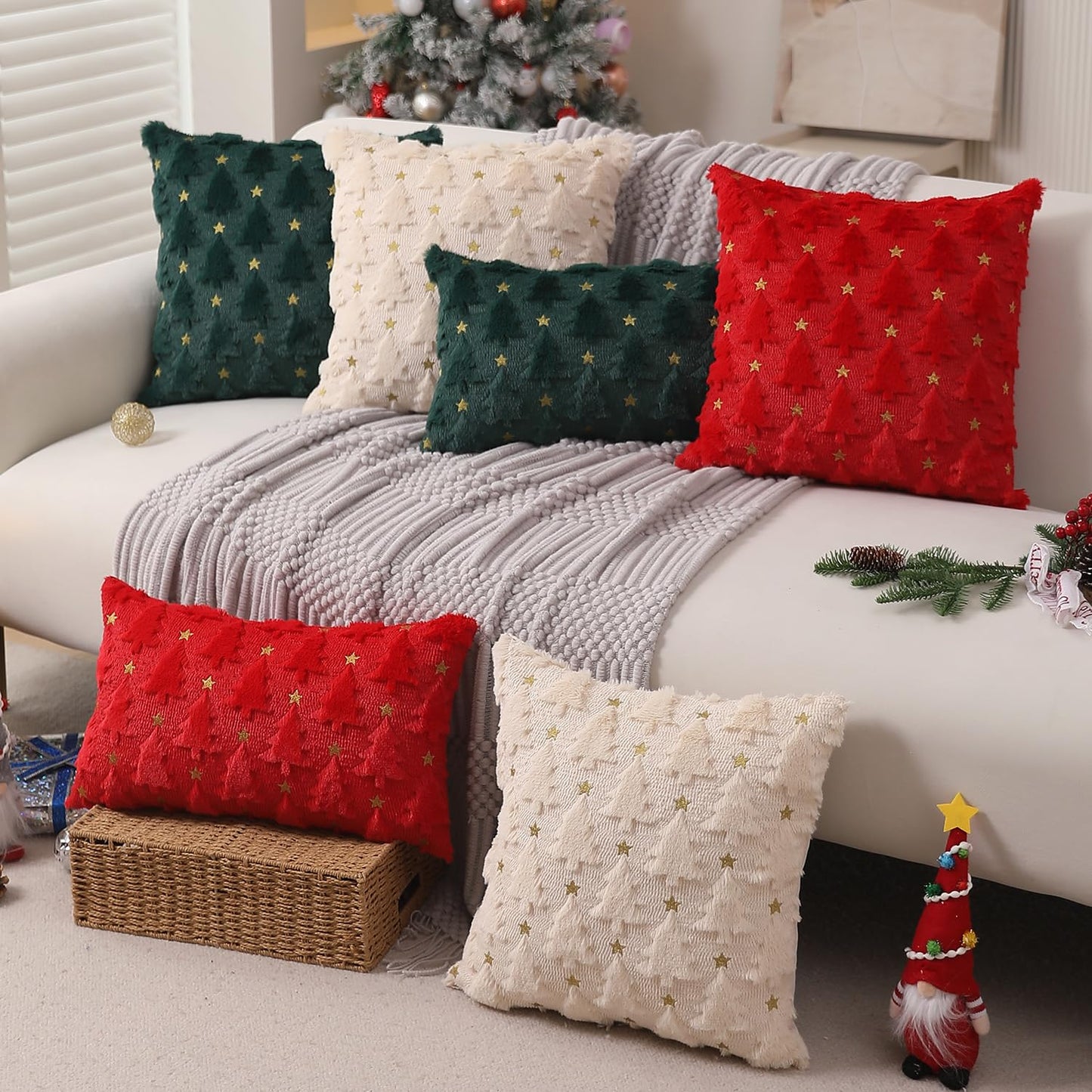 Allorry Christmas Pillow Covers 18 x 18 inch Set of 2 Dark Green Christmas Tree Pillow Covers Decorations Plush Faux Fur Soft Cushion Case for Winter Xmas Holiday Home Bedroom Sofa Decors PT004-A18