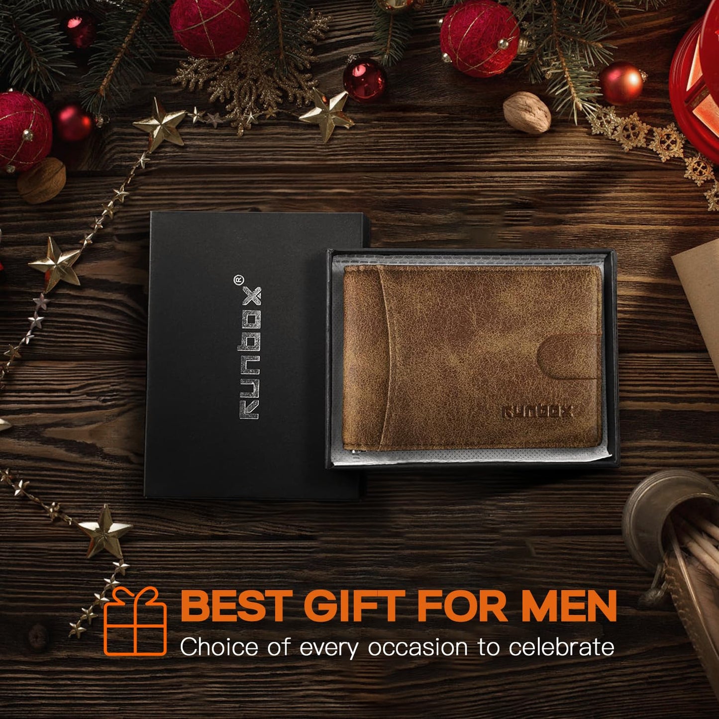 RUNBOX Slim Wallet for Men Genuine Leather RFID Blocking Bifold Minimalist Front Pocket Mens Wallet with Money Clip Thin Gift Box