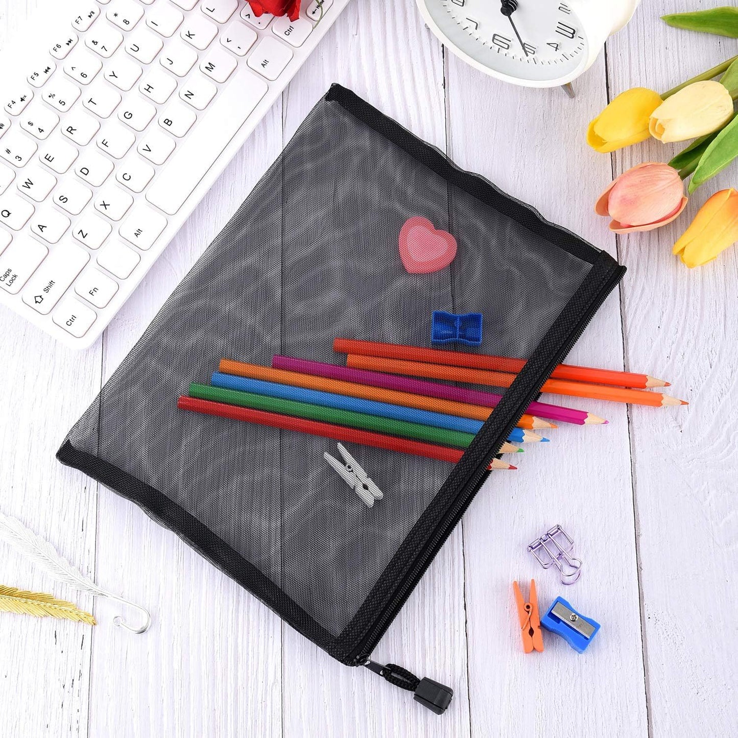 Outus 15 Pieces Mesh Bags Pouch Mesh Zipper Pouch Makeup Bags Cosmetic Travel Organizer Zipper Pencil Case for Organizing Office travel Storage(9.5 x 7.1 Inches,Black)