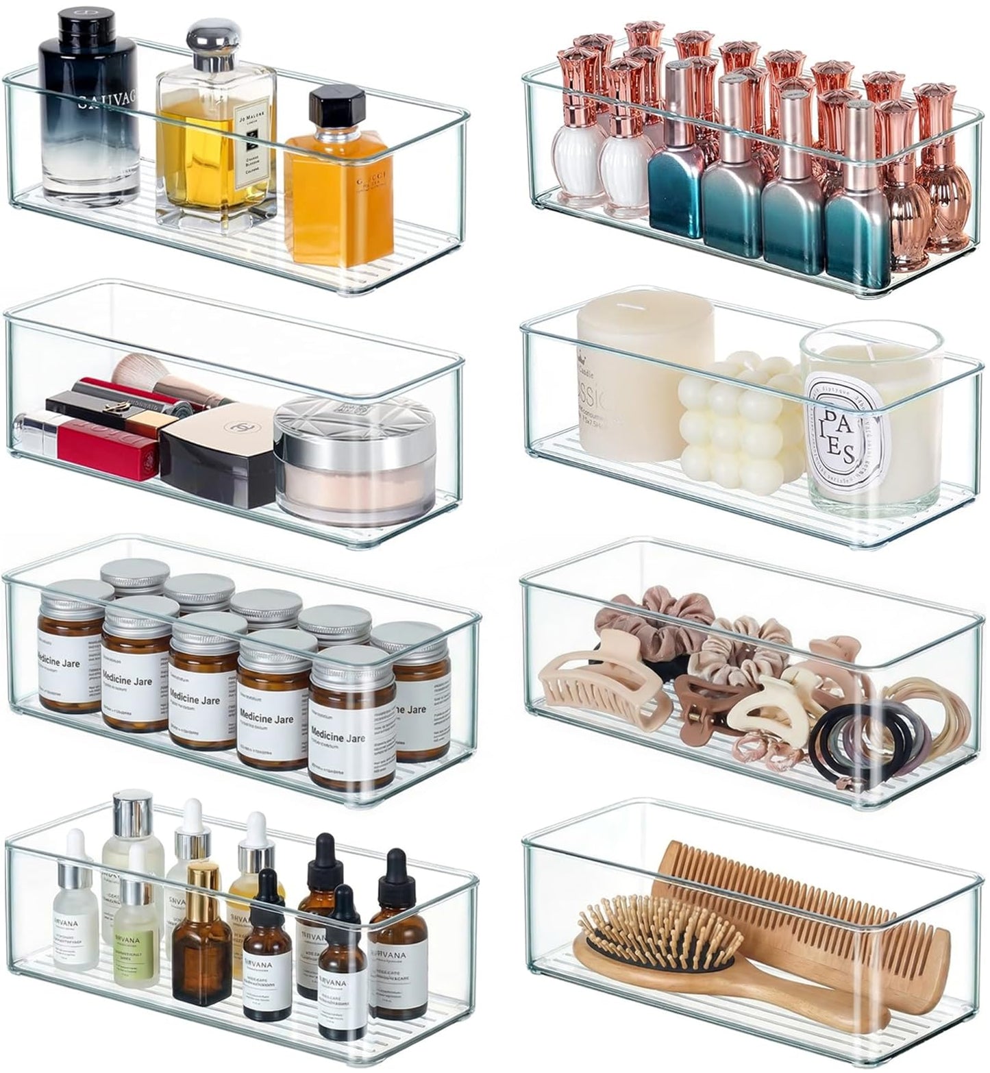 Qilinba 8 PACK Drawer Organizer Bins Bathroom Deep Drawer Organizer Tray for Cutlery Vanity Make-up, Clear Stackable Storage Bins for Kitchen Cabinet Closet Counter Organization and Storage