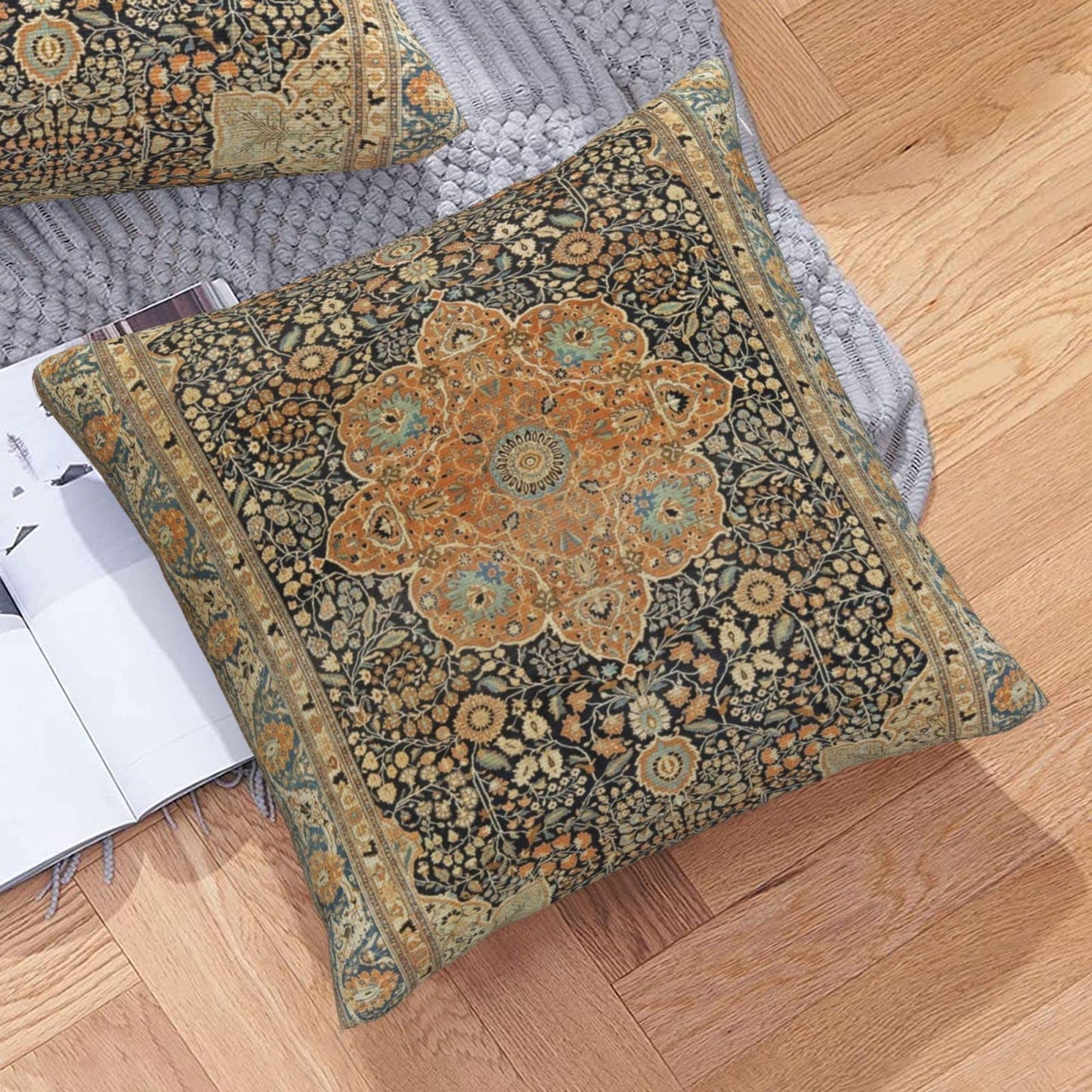 17th Century Turkish Carpet Print Throw Pillow Covers Modern Pillow Cushion Cases, Decorative Square Pillowcases for Sofa Couch Bedroom Living Room Car 20"X20"