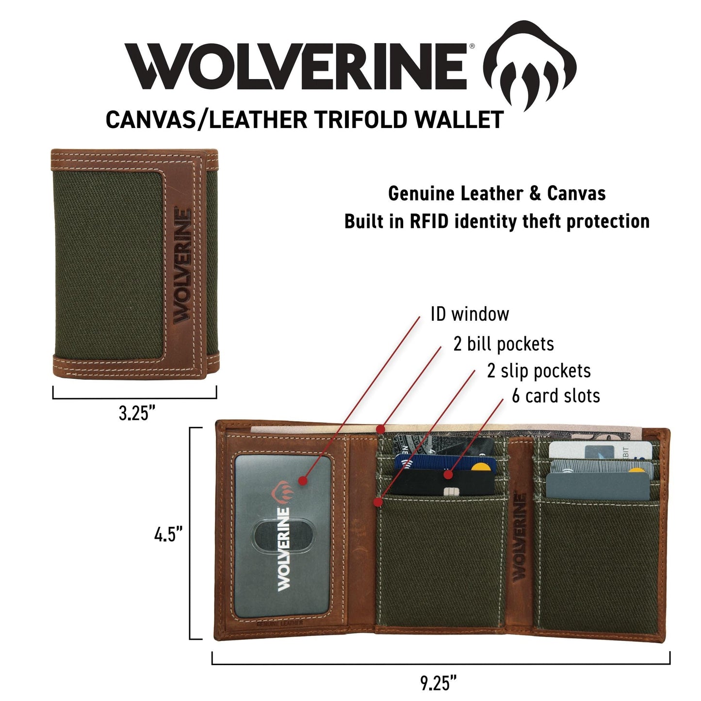 WOLVERINE Men's Trifold Wallet | RFID Blocking | Work, Canvas/Leather-Black/Grey, One Size