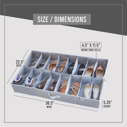 Under Bed Shoe Storage Organizer - TEAR-RESISTANT Heavy Duty 600D Material - Fits All Styles Men's and Women's Shoes, Up to 16 Pairs - Extra-Strong Zipper - Grey - Perfect for College Dorms