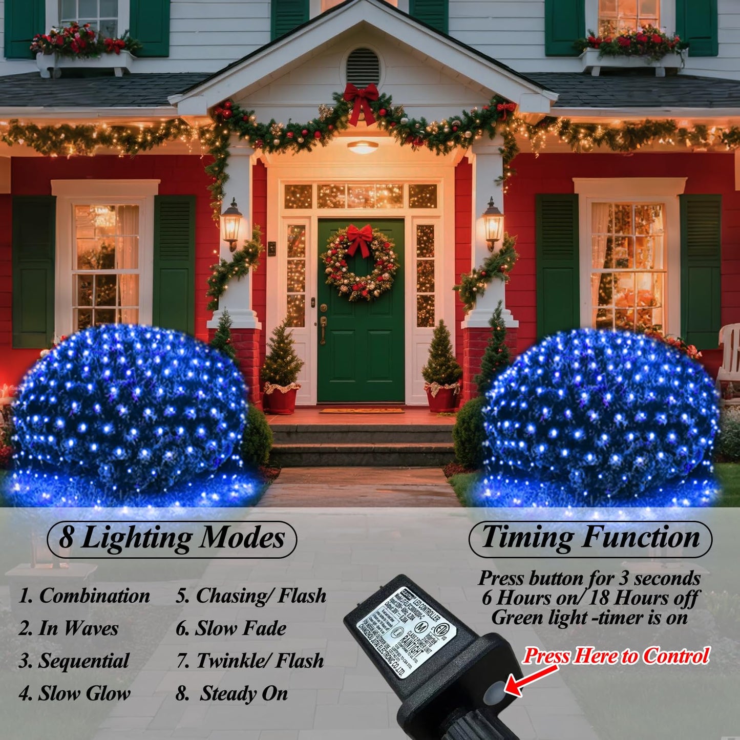 360LED Net Lights, 21ft x 5ft Connectable Christmas Mesh Lights with Timer & 8 Lighting Modes, Waterproof Outdoor Bush String Light for Halloween Xmas Tree Holiday Party Garden Hedge Patio - Blue